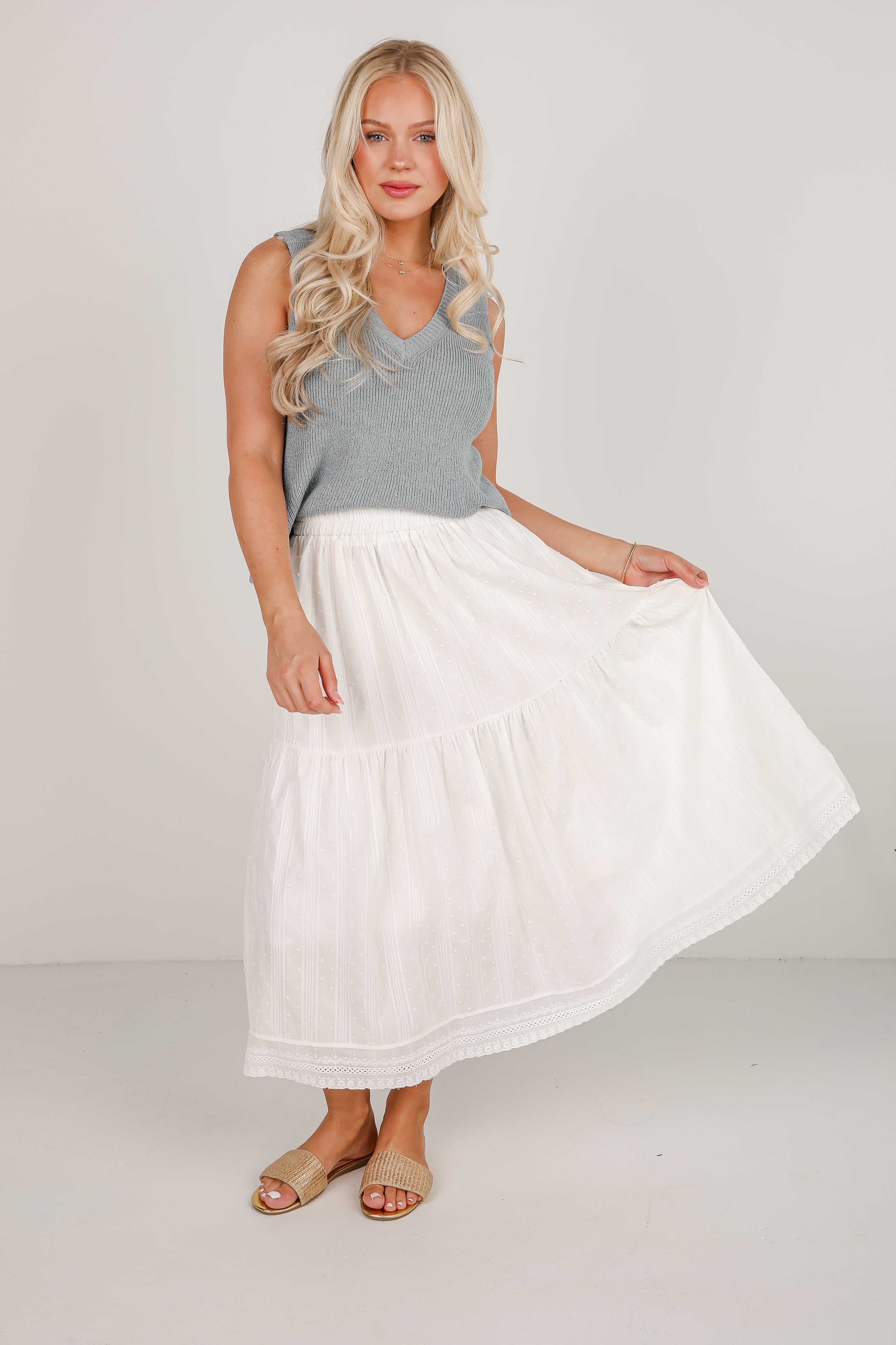 Feminine Pursuits White Midi Skirt