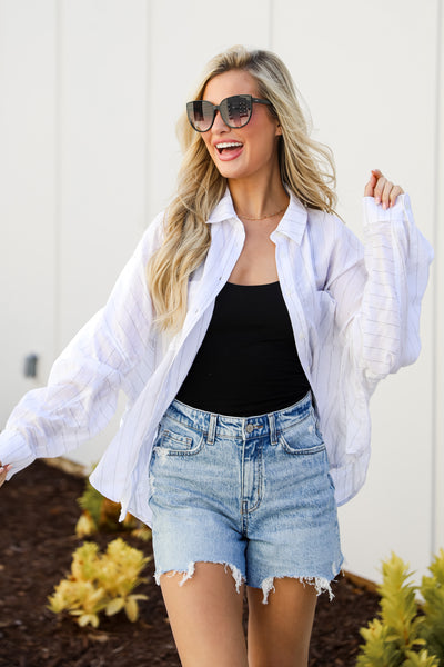 Pinstripe Oversized Button-Up Blouse on model