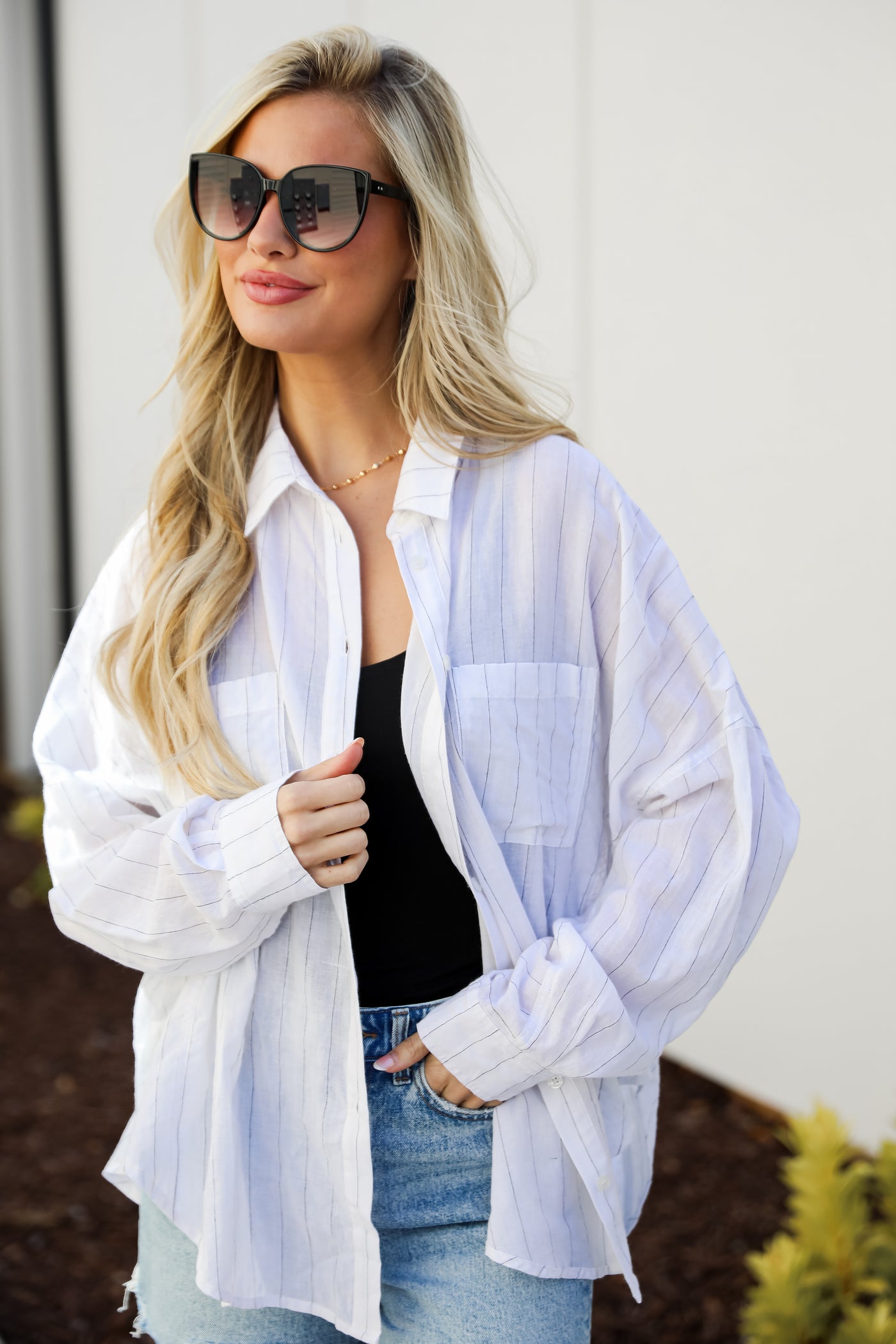 cute Pinstripe Oversized Button-Up Blouse