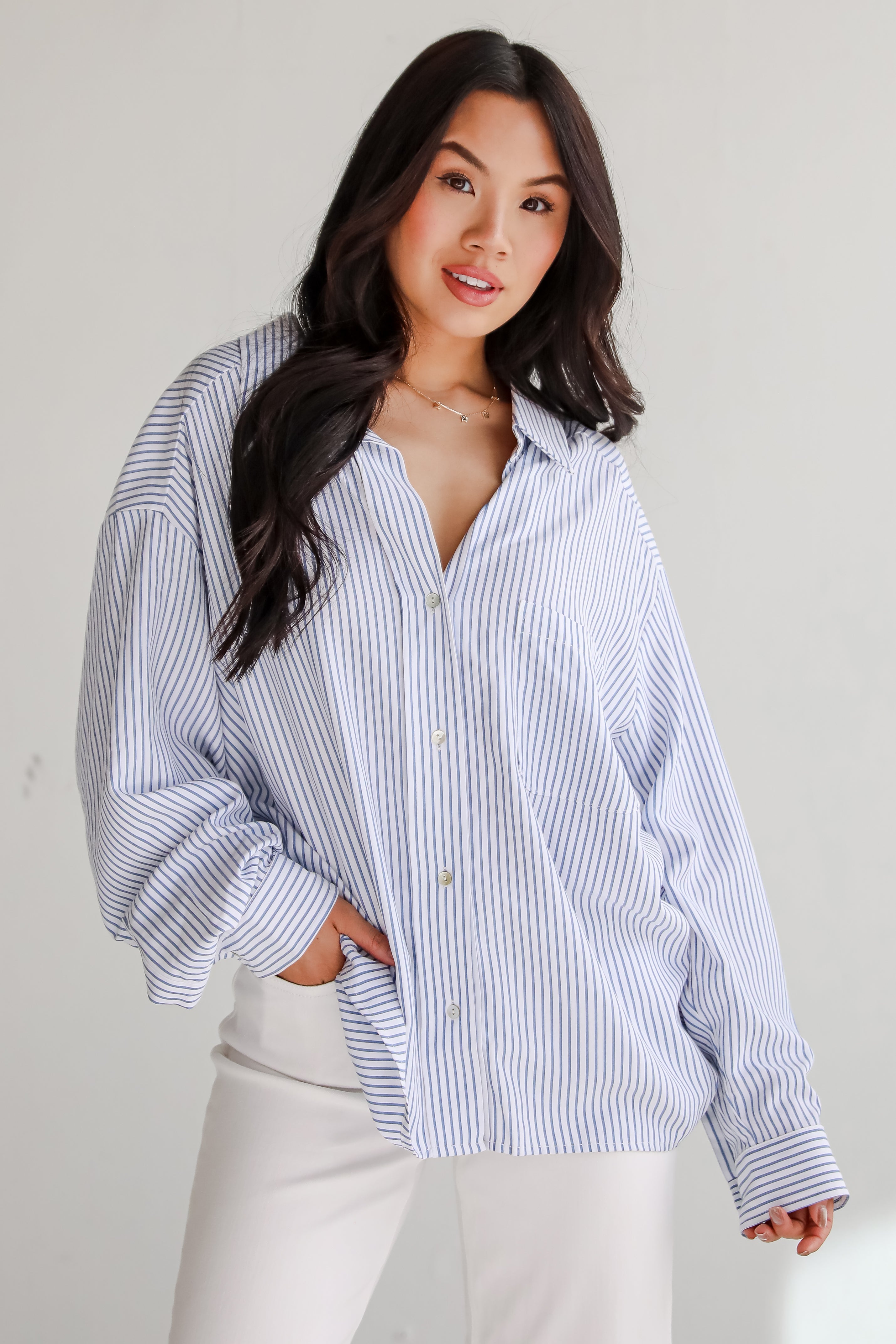 Stun And Done White Striped Button-Up Blouse