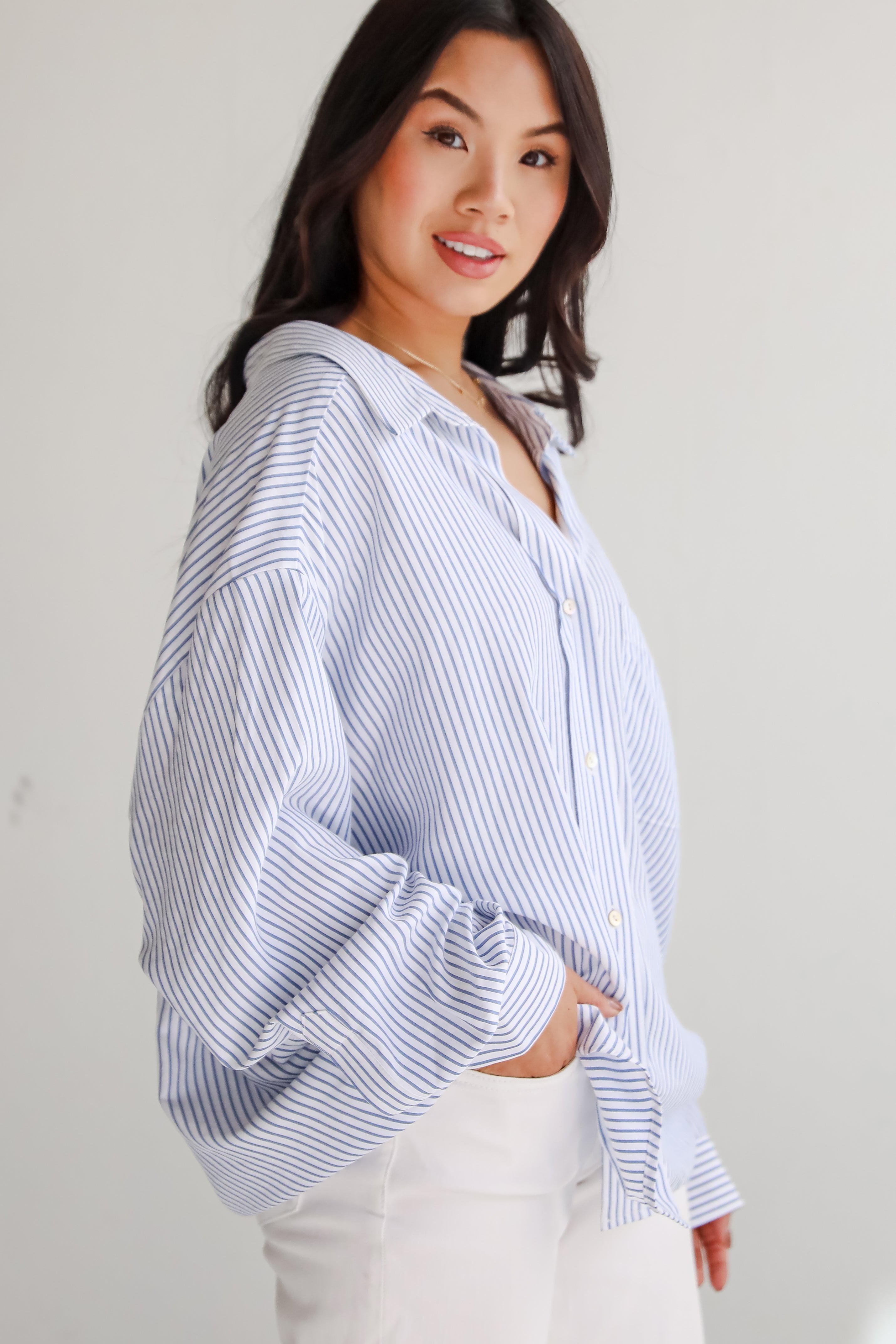 Stun And Done White Striped Button-Up Blouse