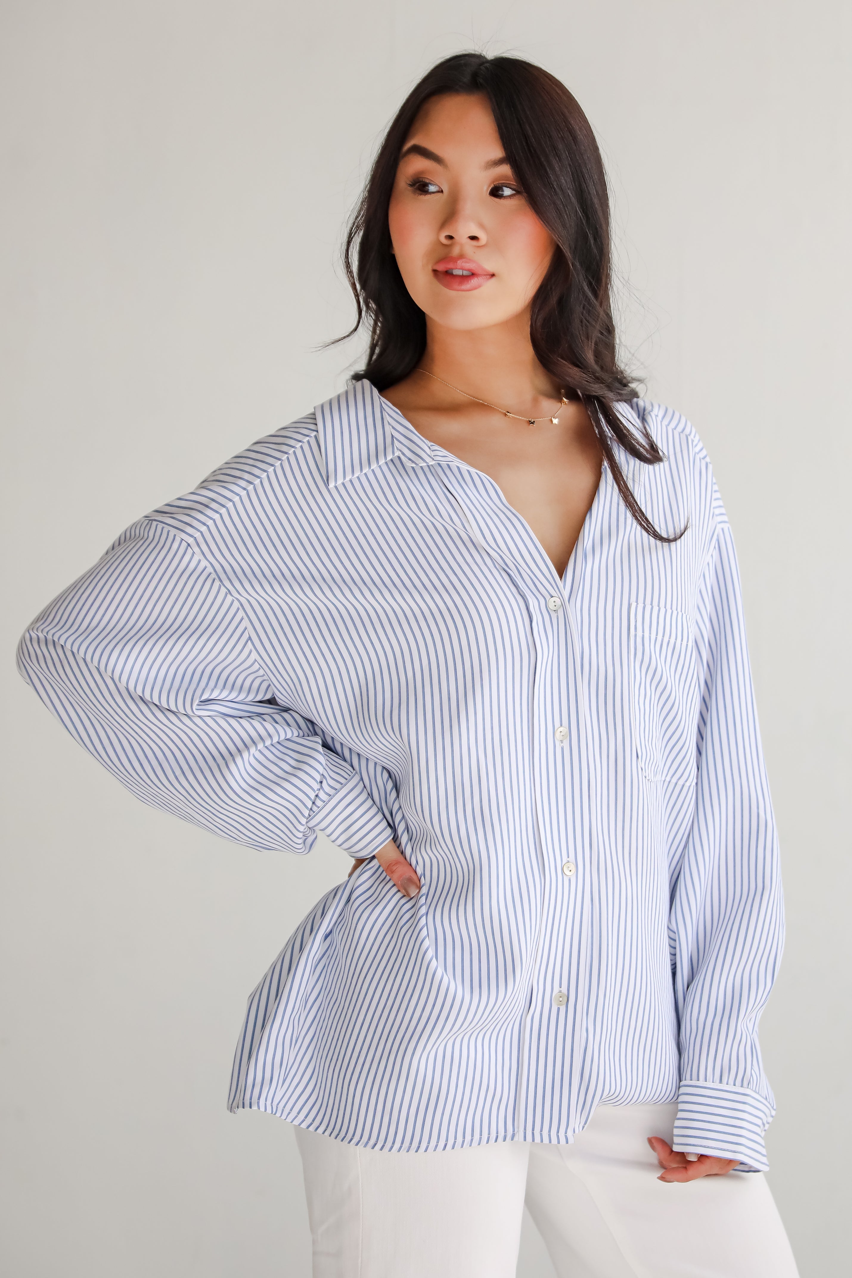 Stun And Done White Striped Button-Up Blouse