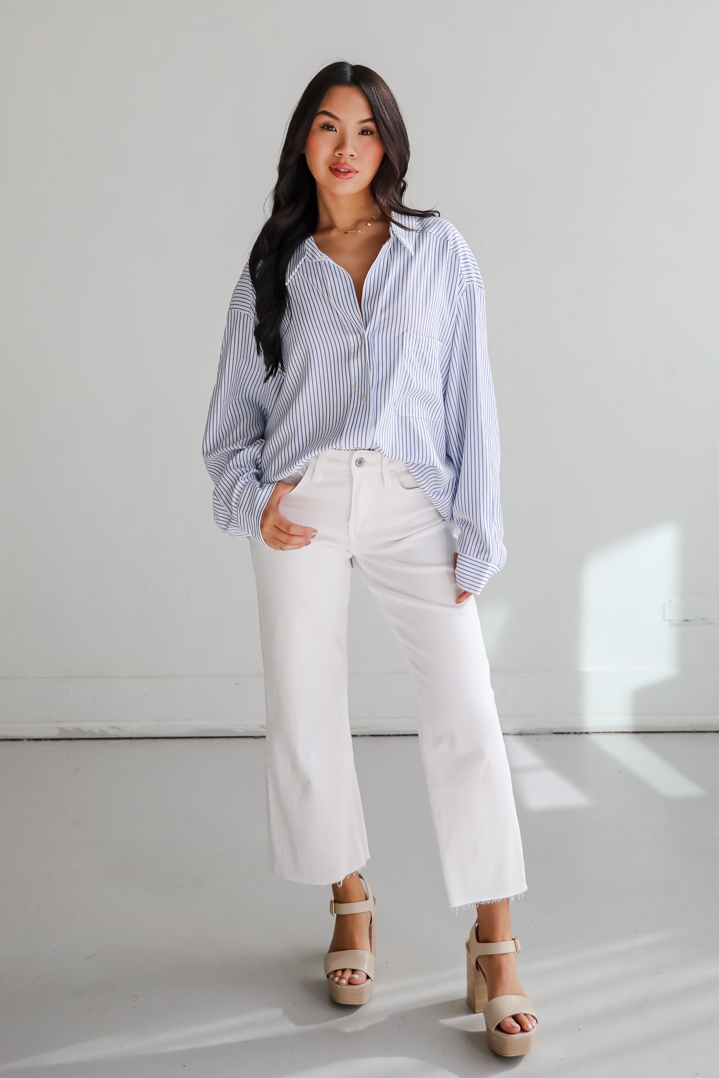 Stun And Done White Striped Button-Up Blouse