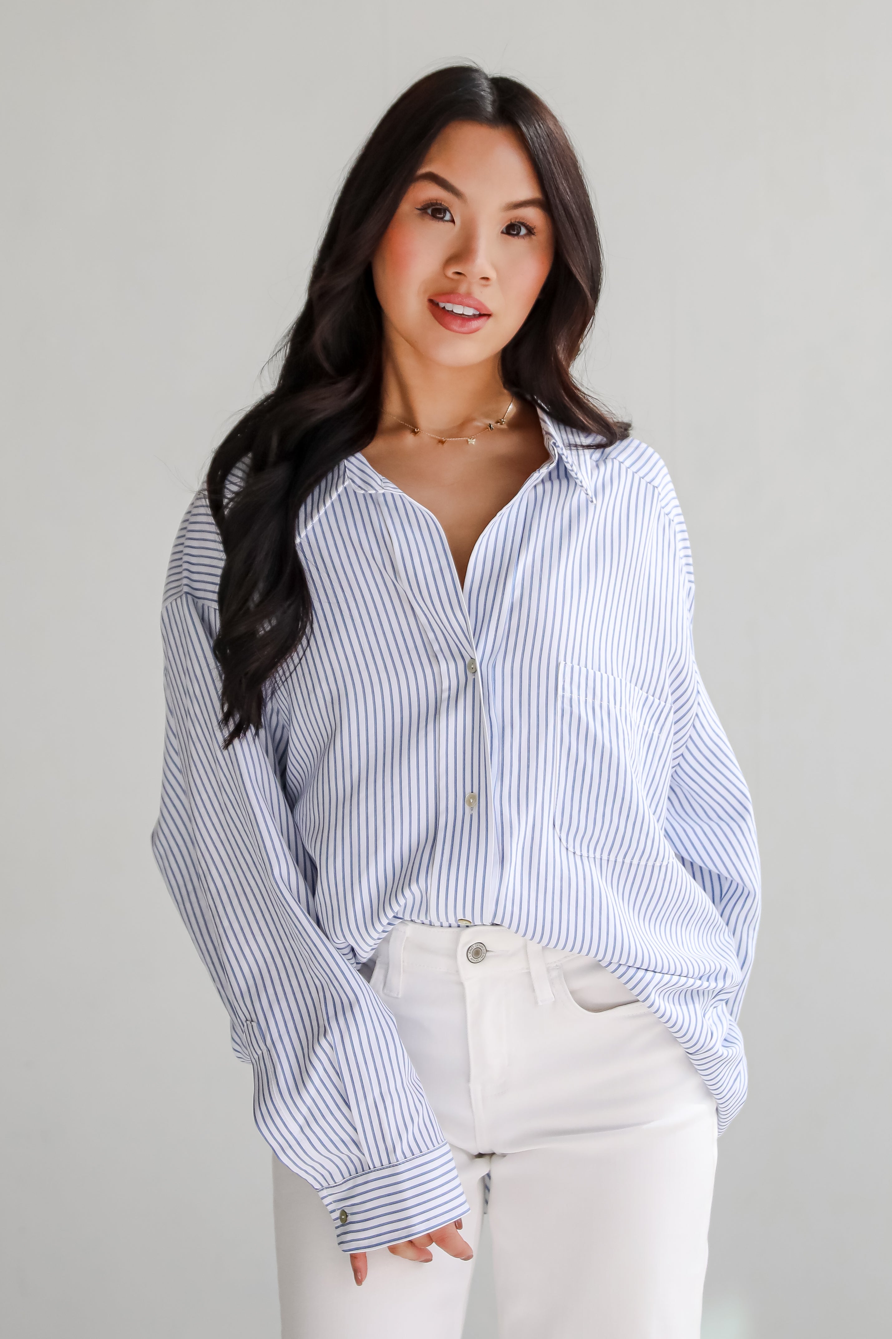 Stun And Done White Striped Button-Up Blouse