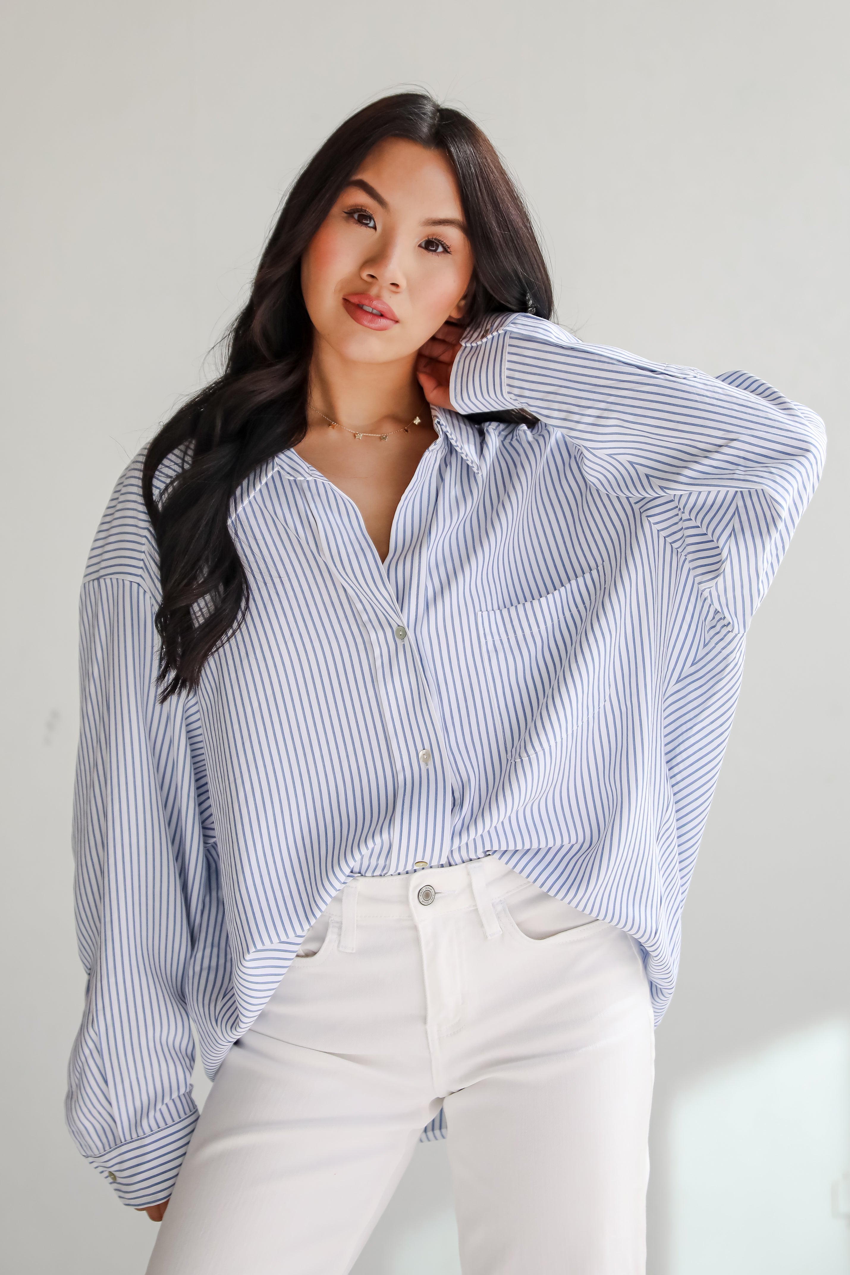 Stun And Done White Striped Button-Up Blouse
