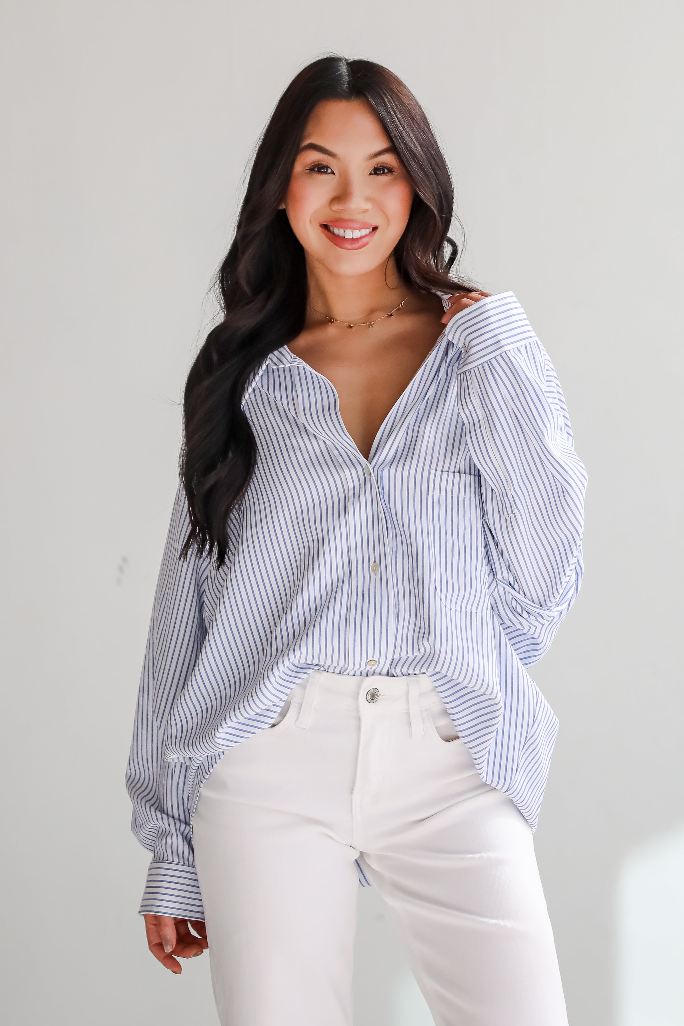 Stun And Done White Striped Button-Up Blouse