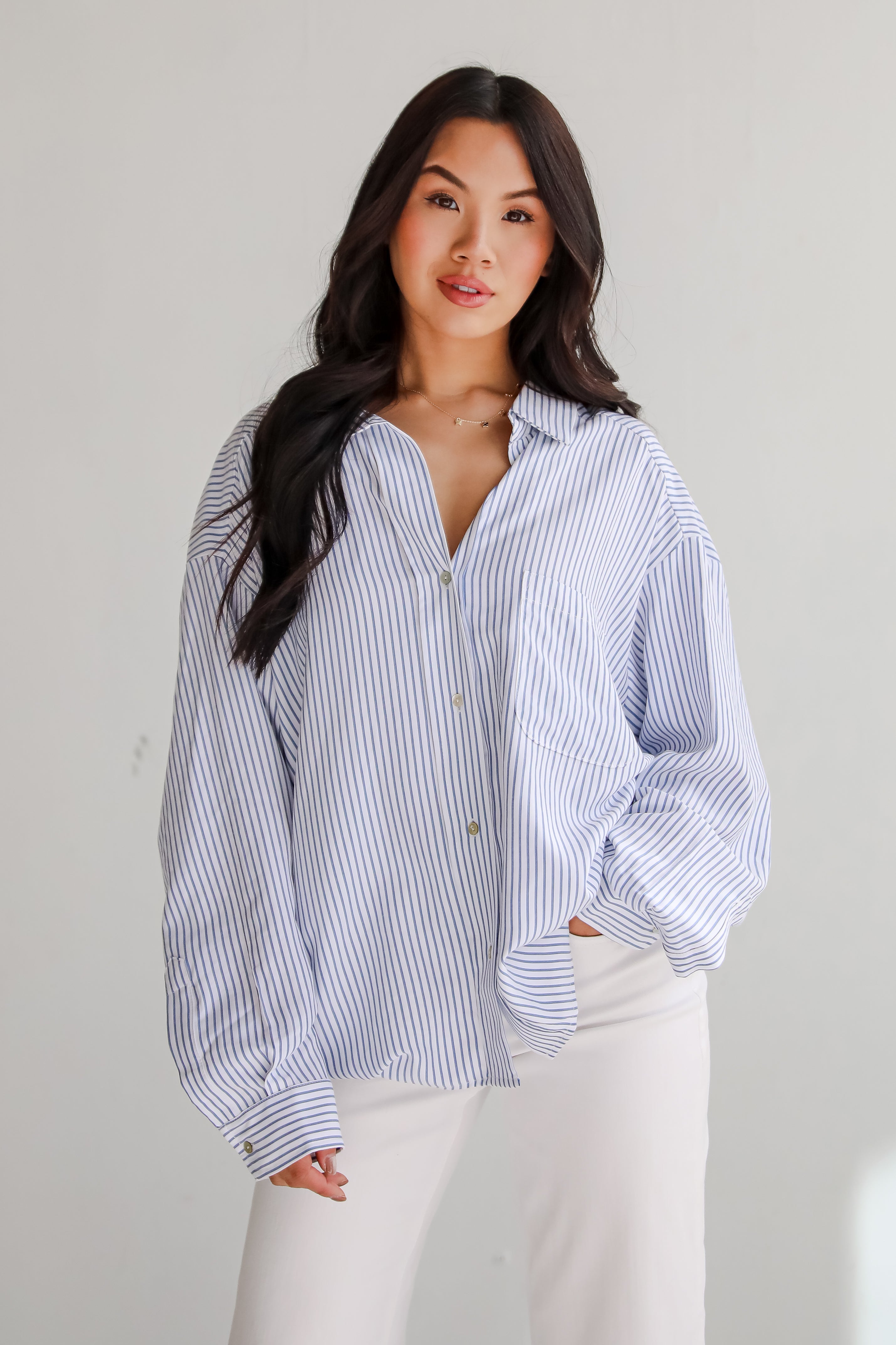 Stun And Done White Striped Button-Up Blouse