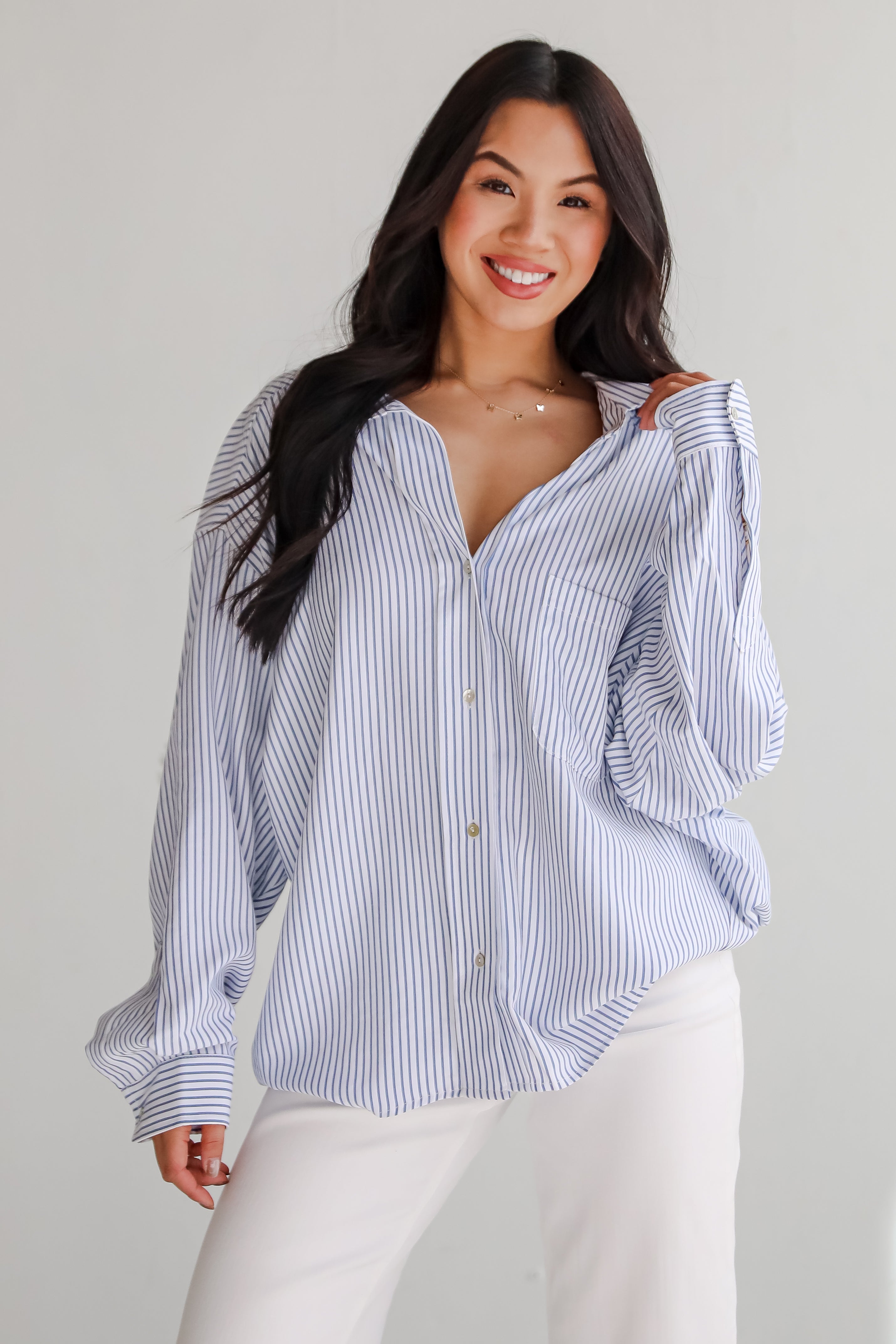 Stun And Done White Striped Button-Up Blouse