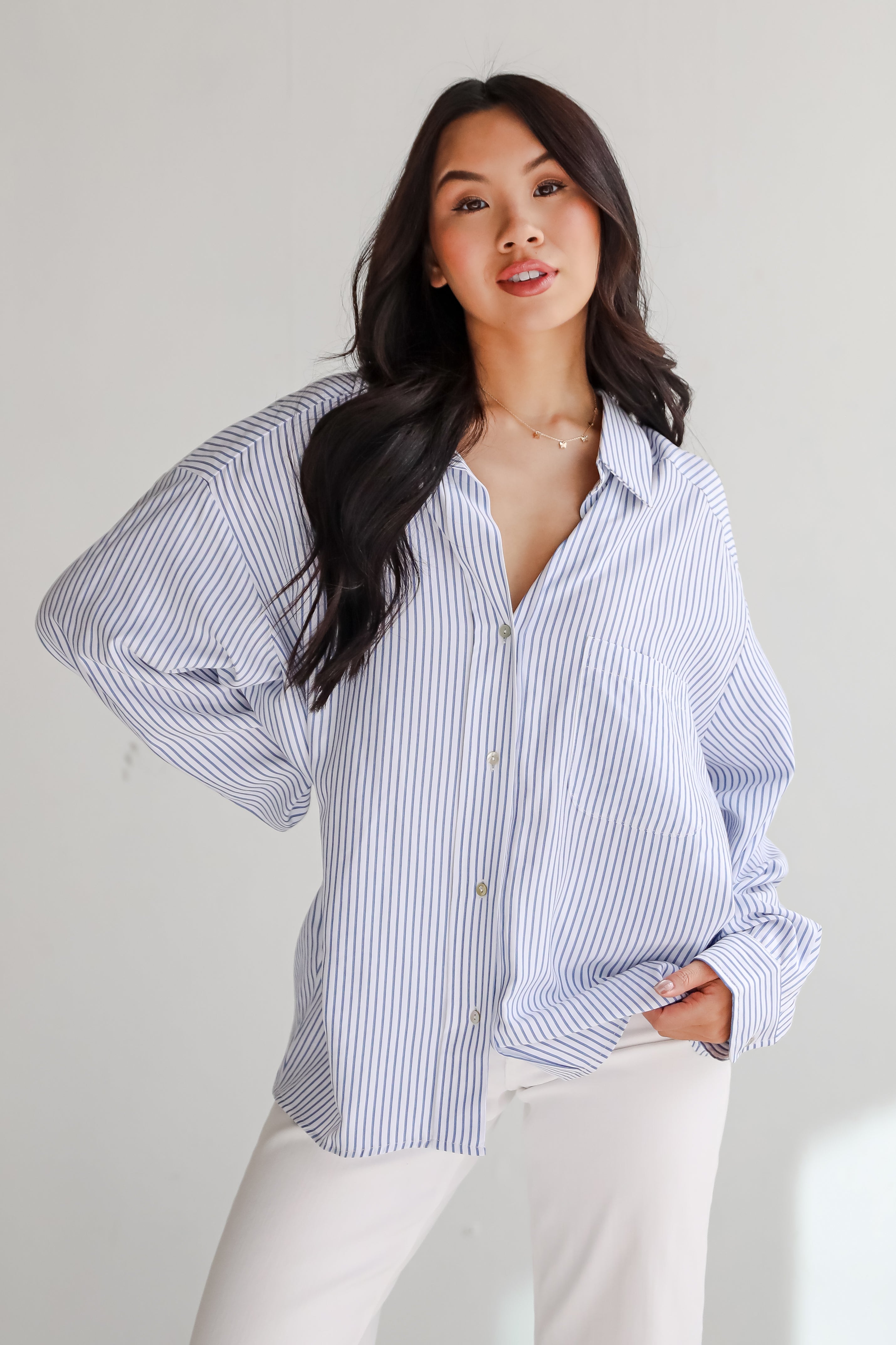 Stun And Done White Striped Button-Up Blouse