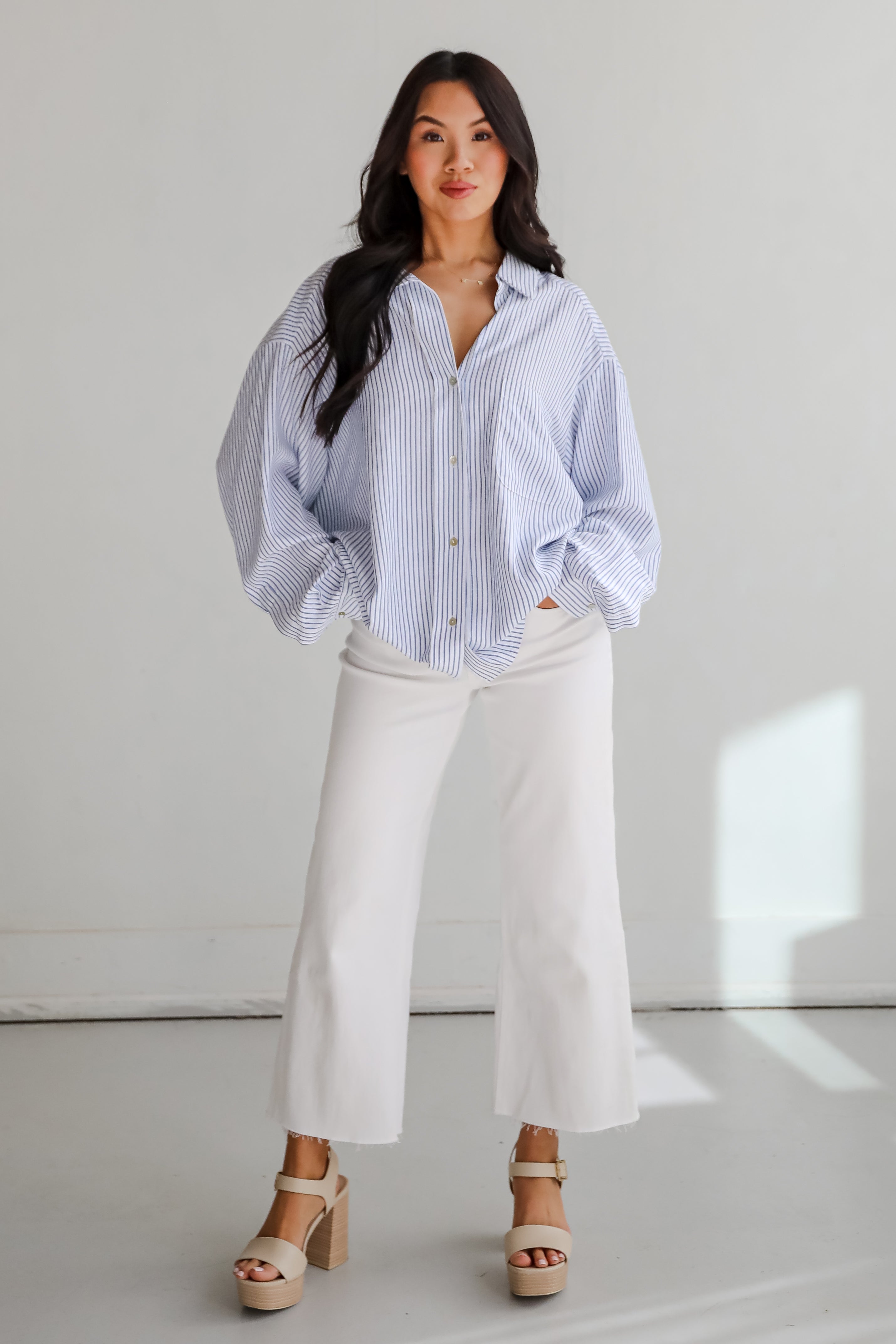 Stun And Done White Striped Button-Up Blouse