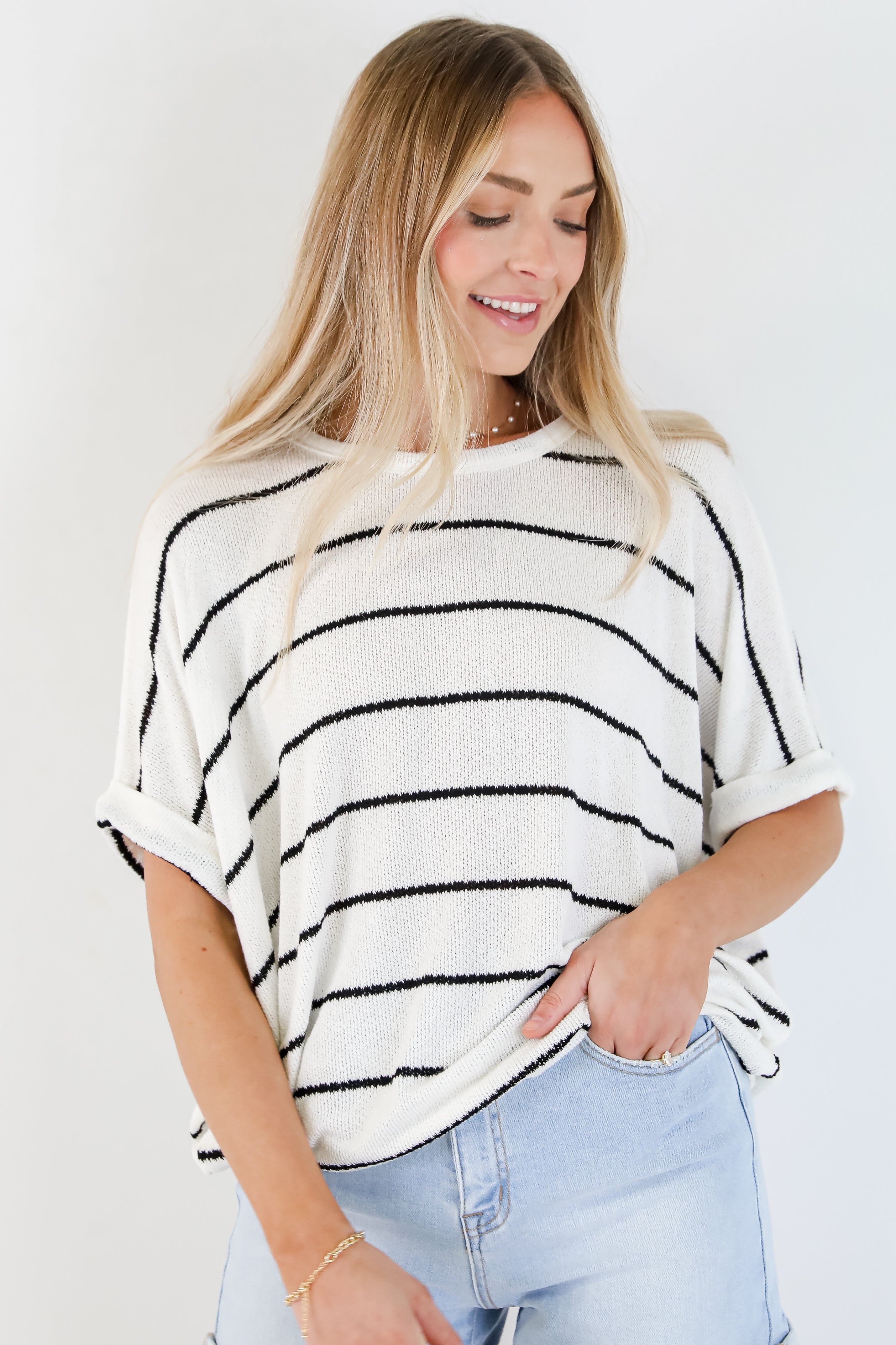 Plain And Simple White Striped Lightweight Knit Top