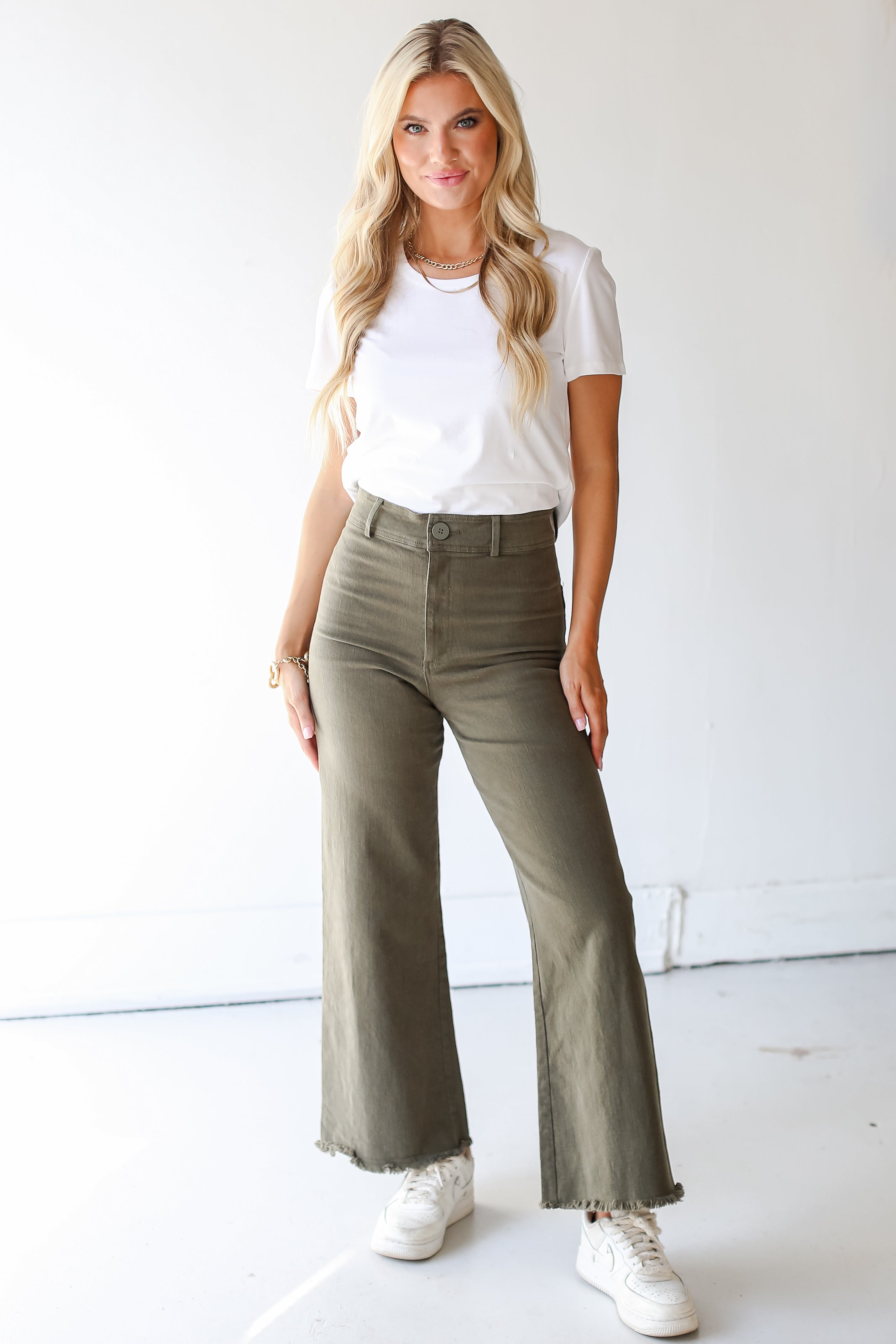 olive Wide Leg Jeans front view