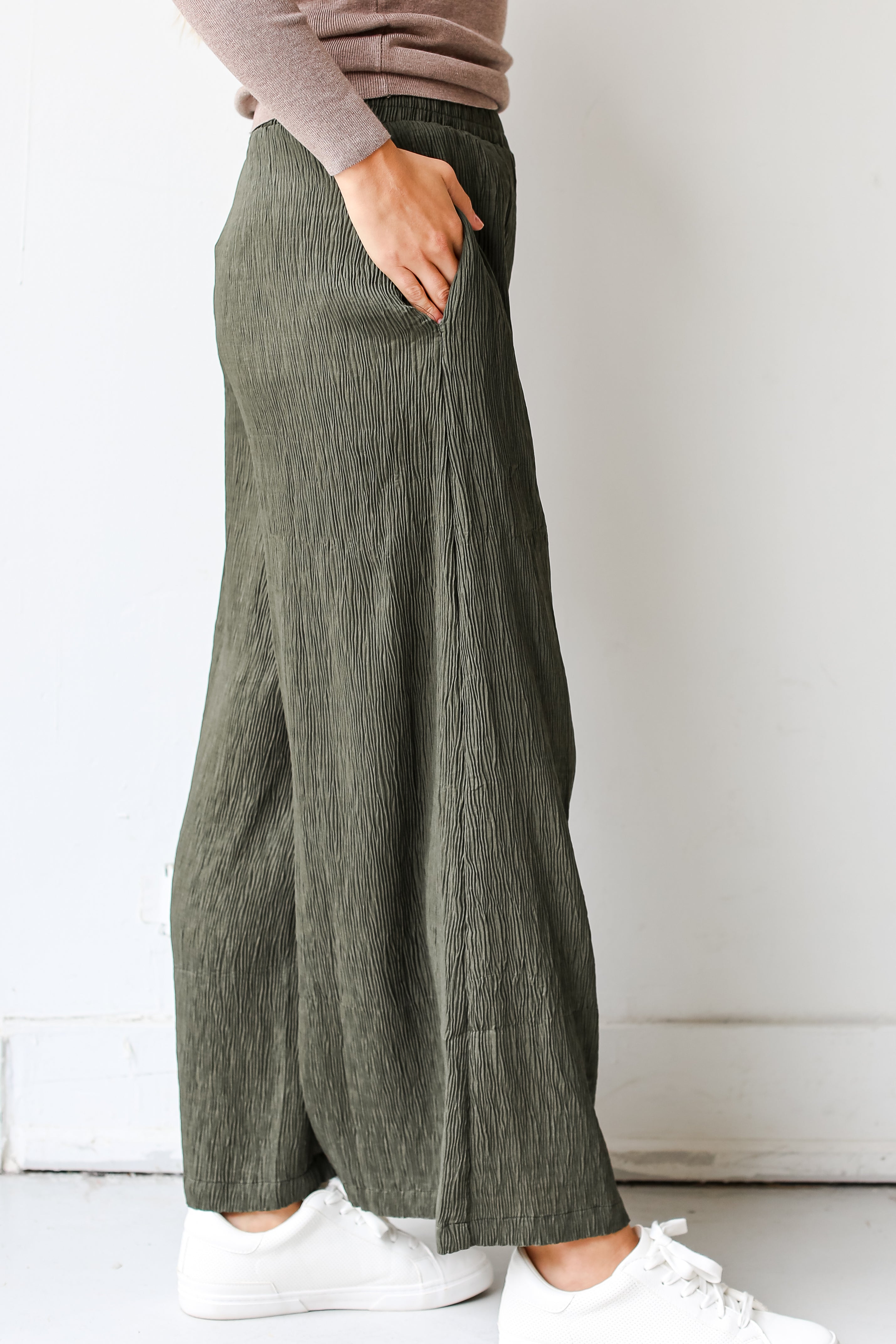 olive Plisse Wide Leg Pants side view