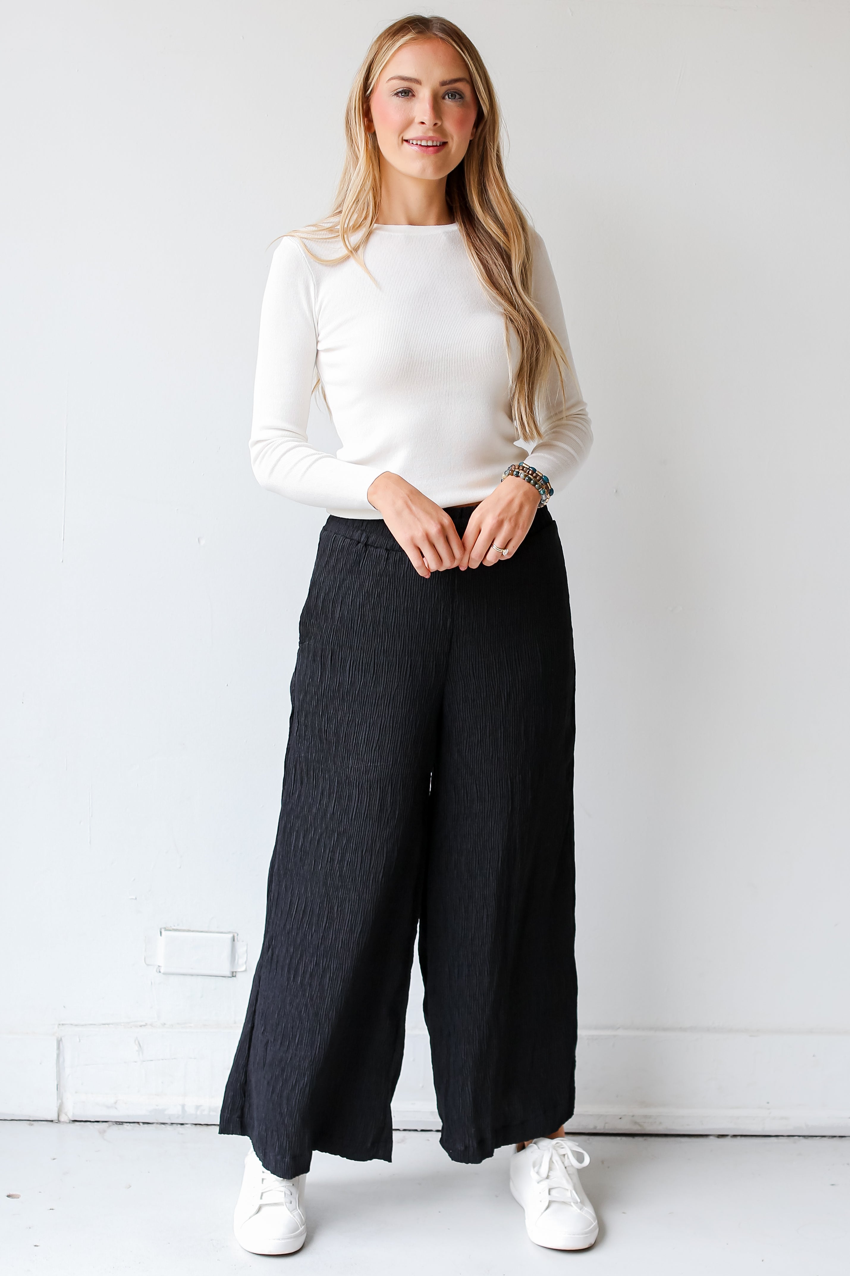 black Plisse Wide Leg Pants front view