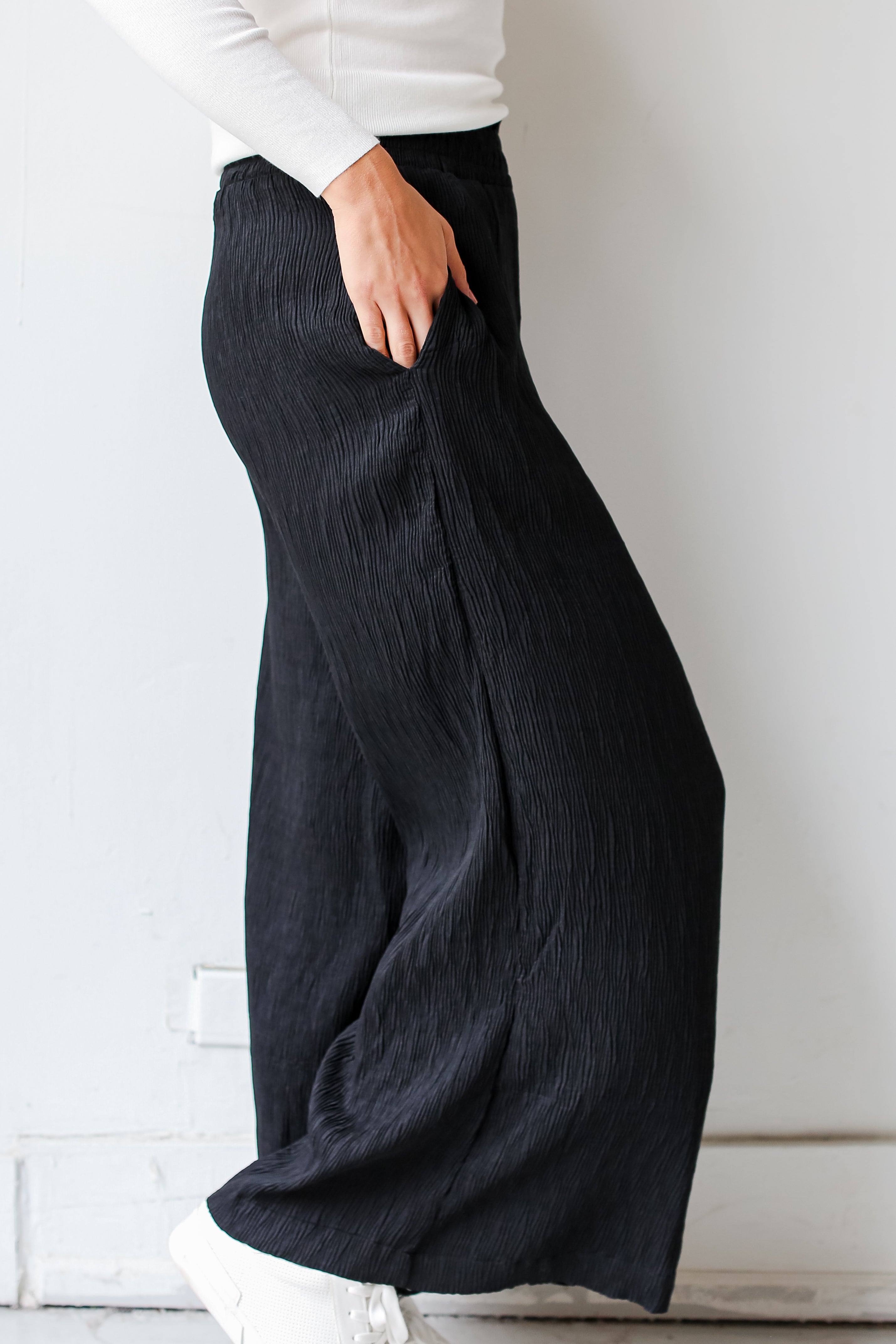 black Plisse Wide Leg Pants for fall