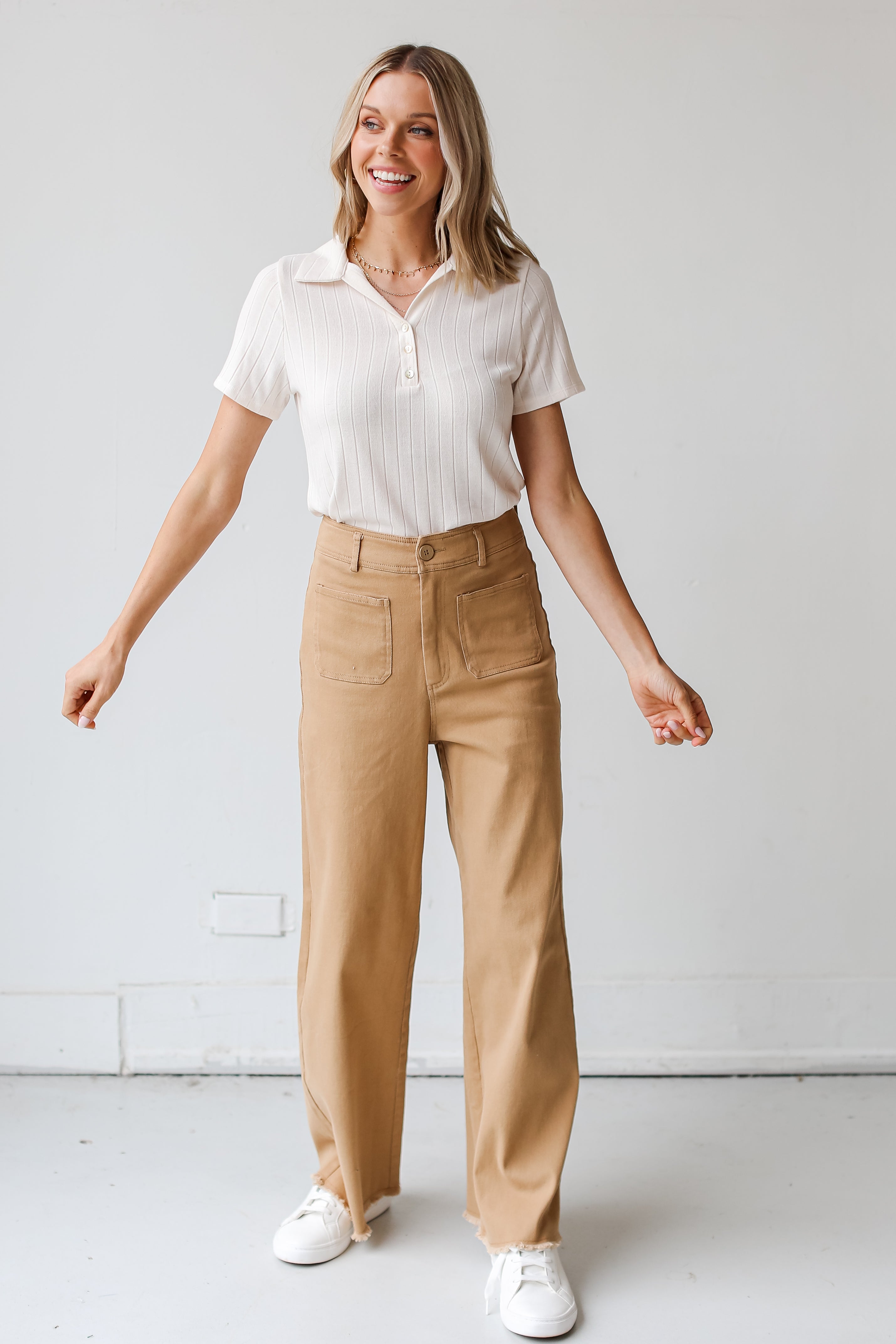 khaki Wide Leg Jeans front view