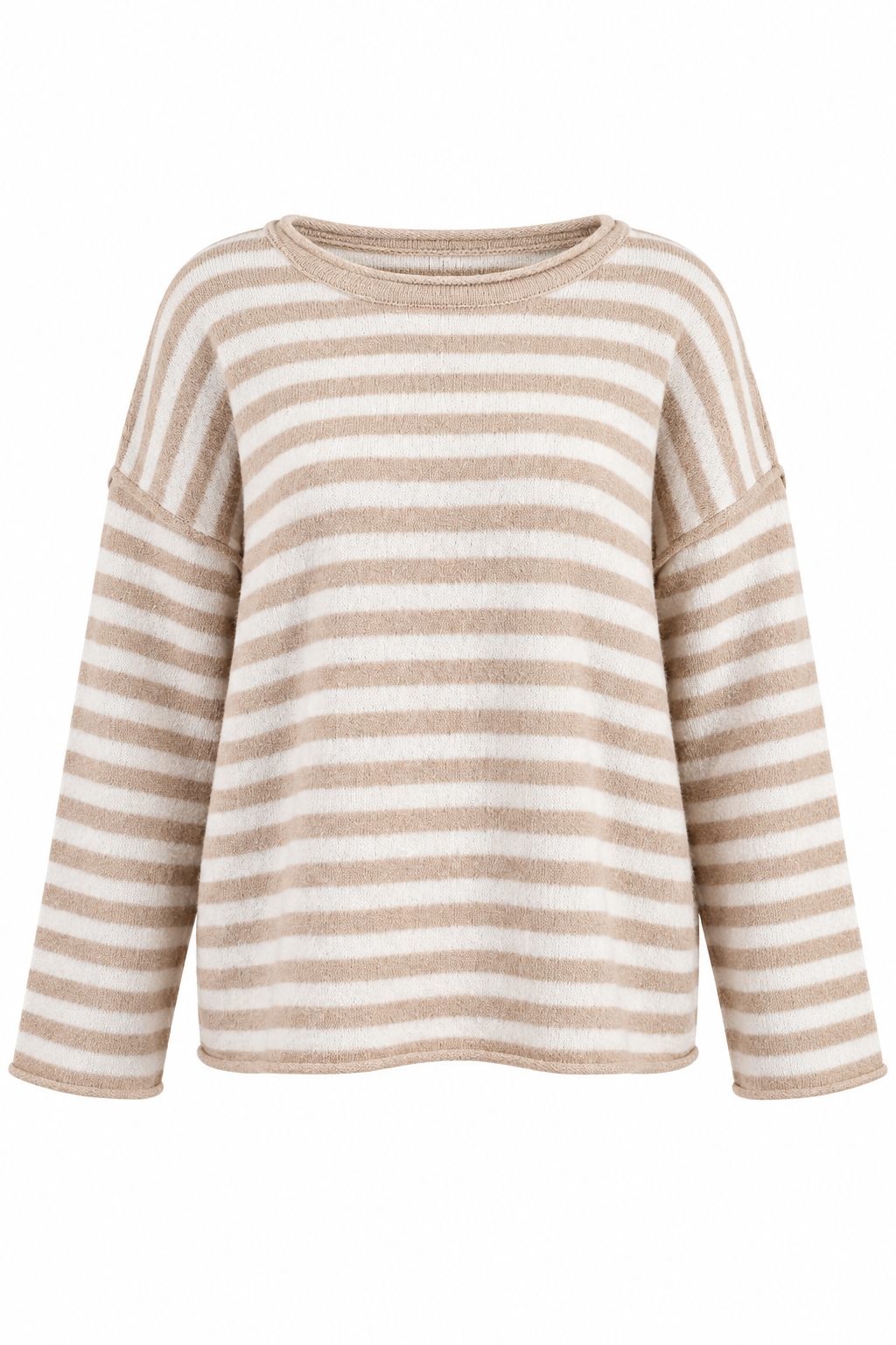 A beige and off-white horizontally striped long-sleeve knit top with a crew neck, shown against a plain white background.