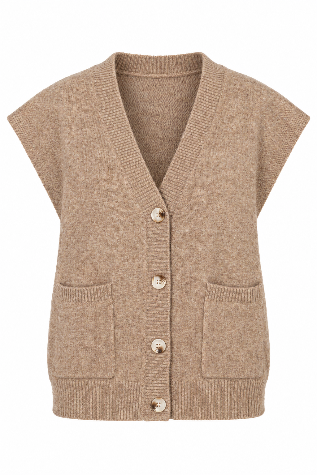 A beige knit cardigan vest with short sleeves, a V-neck, front buttons, and two front patch pockets, shown on a plain white background.