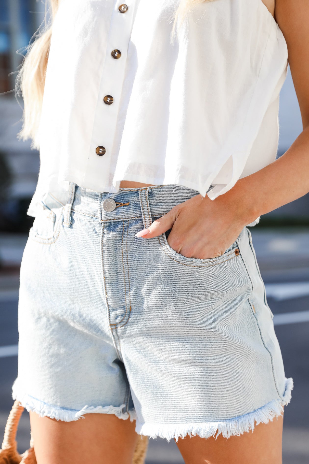 Come In With The Tide Frayed Denim Shorts
