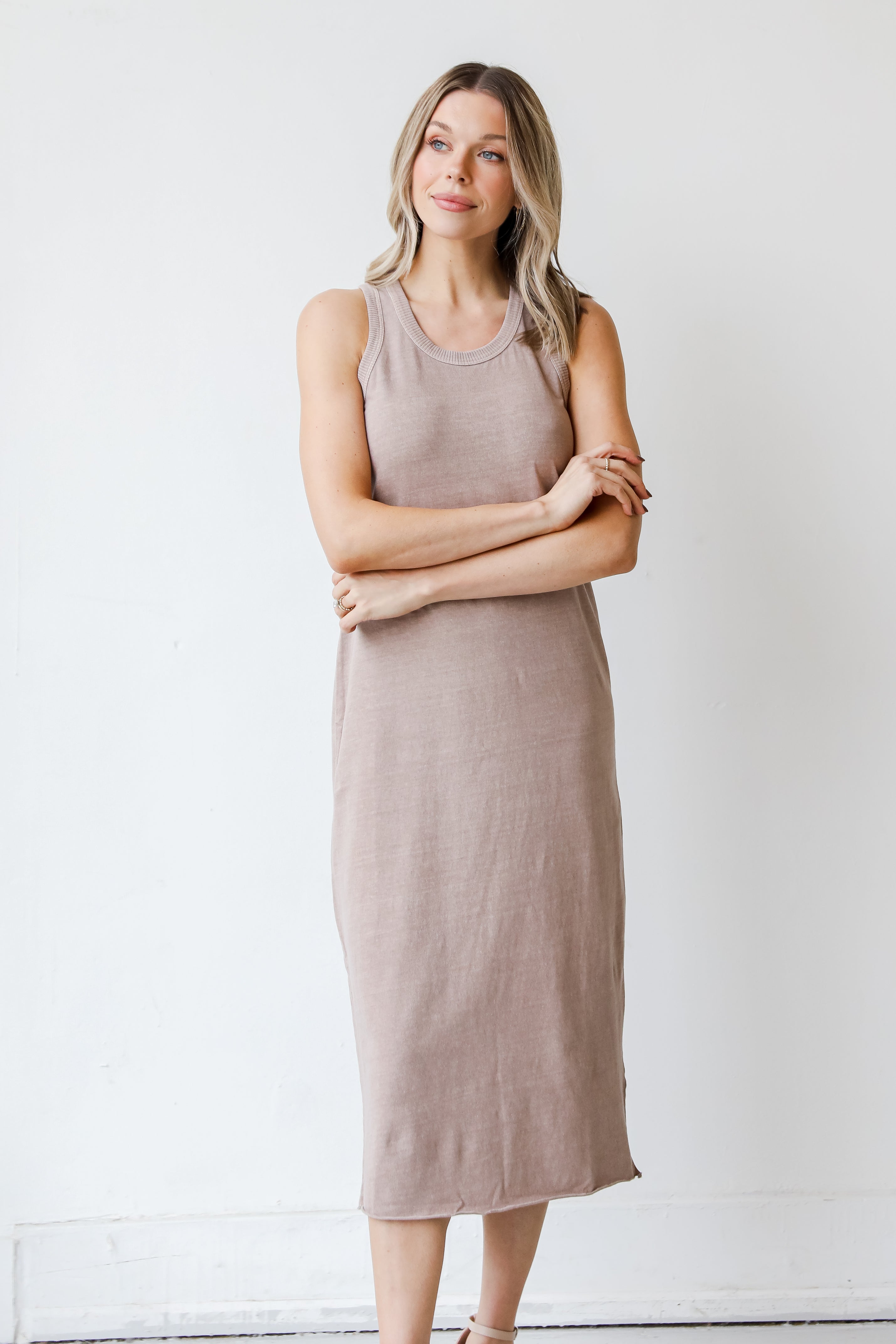 tan Midi Dress on model