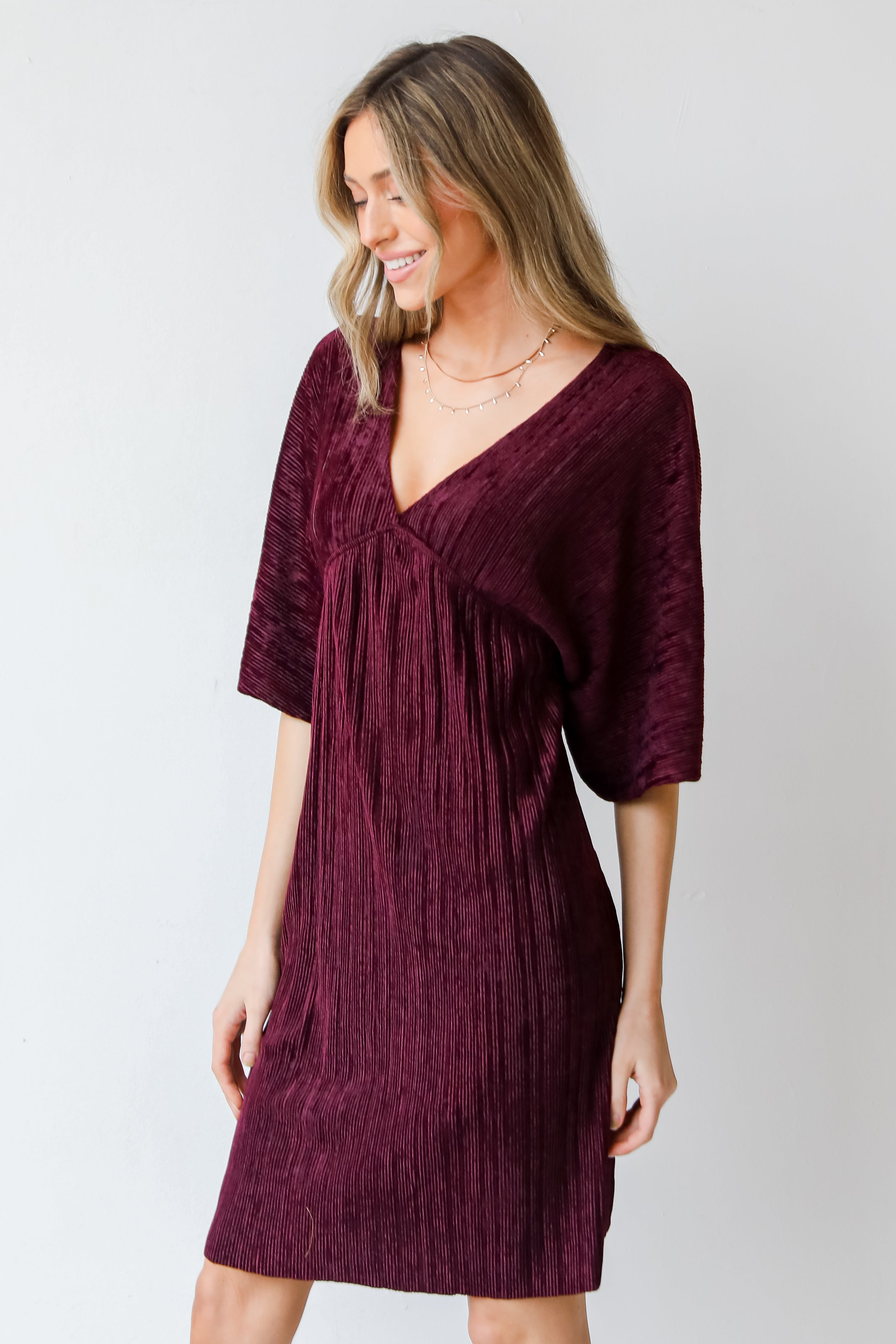 maroon Velvet Babydoll Mini Dress side view
