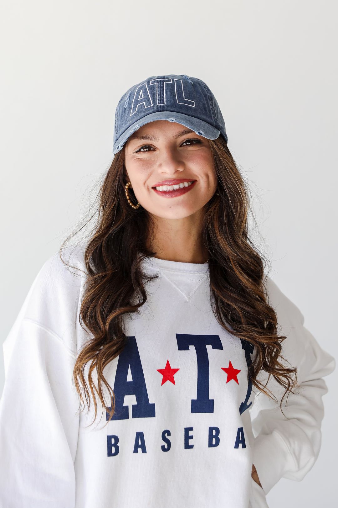 navy ATL Distressed Embroidered Hat on model