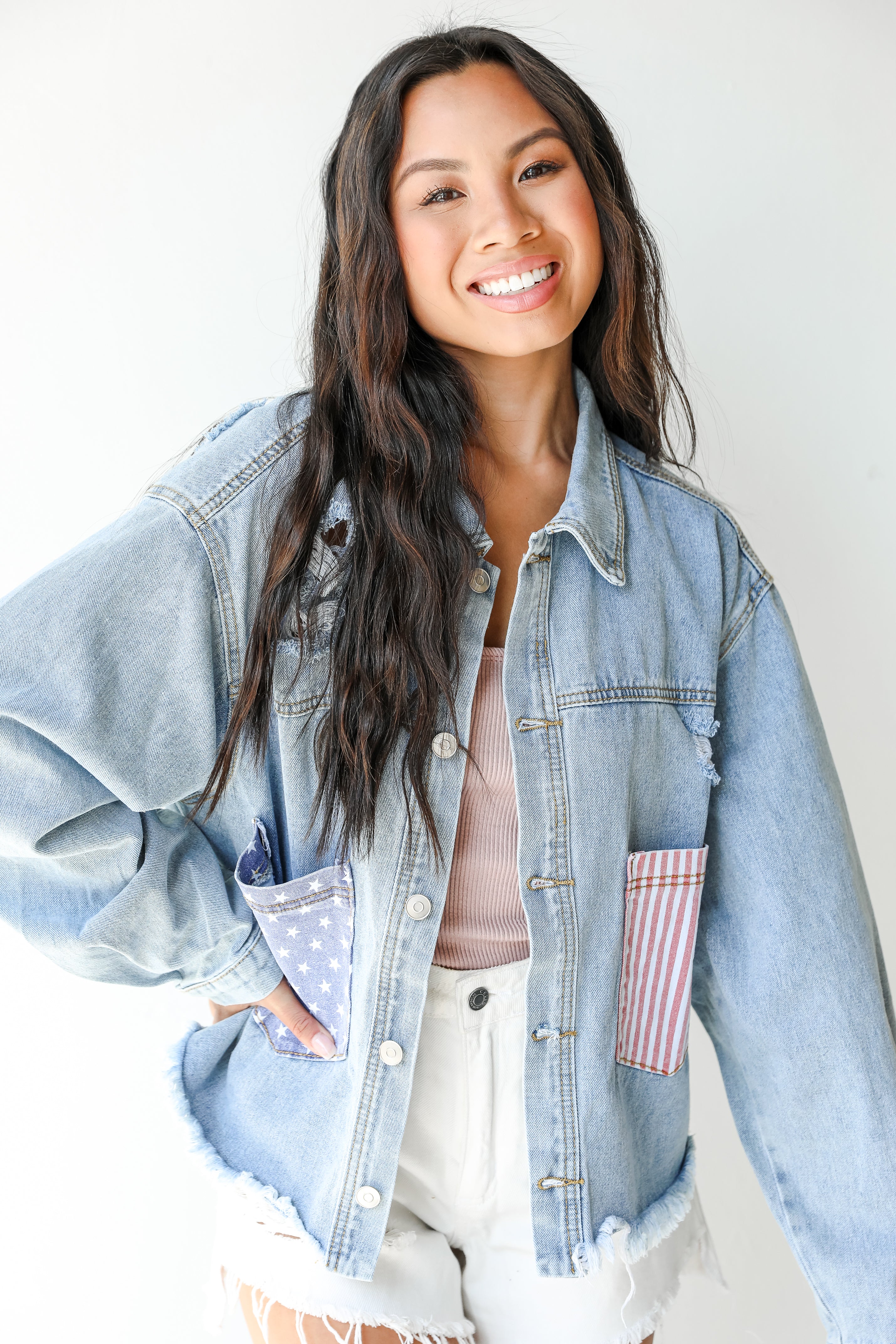 model wearing the American Flag Vintage Denim Jacket