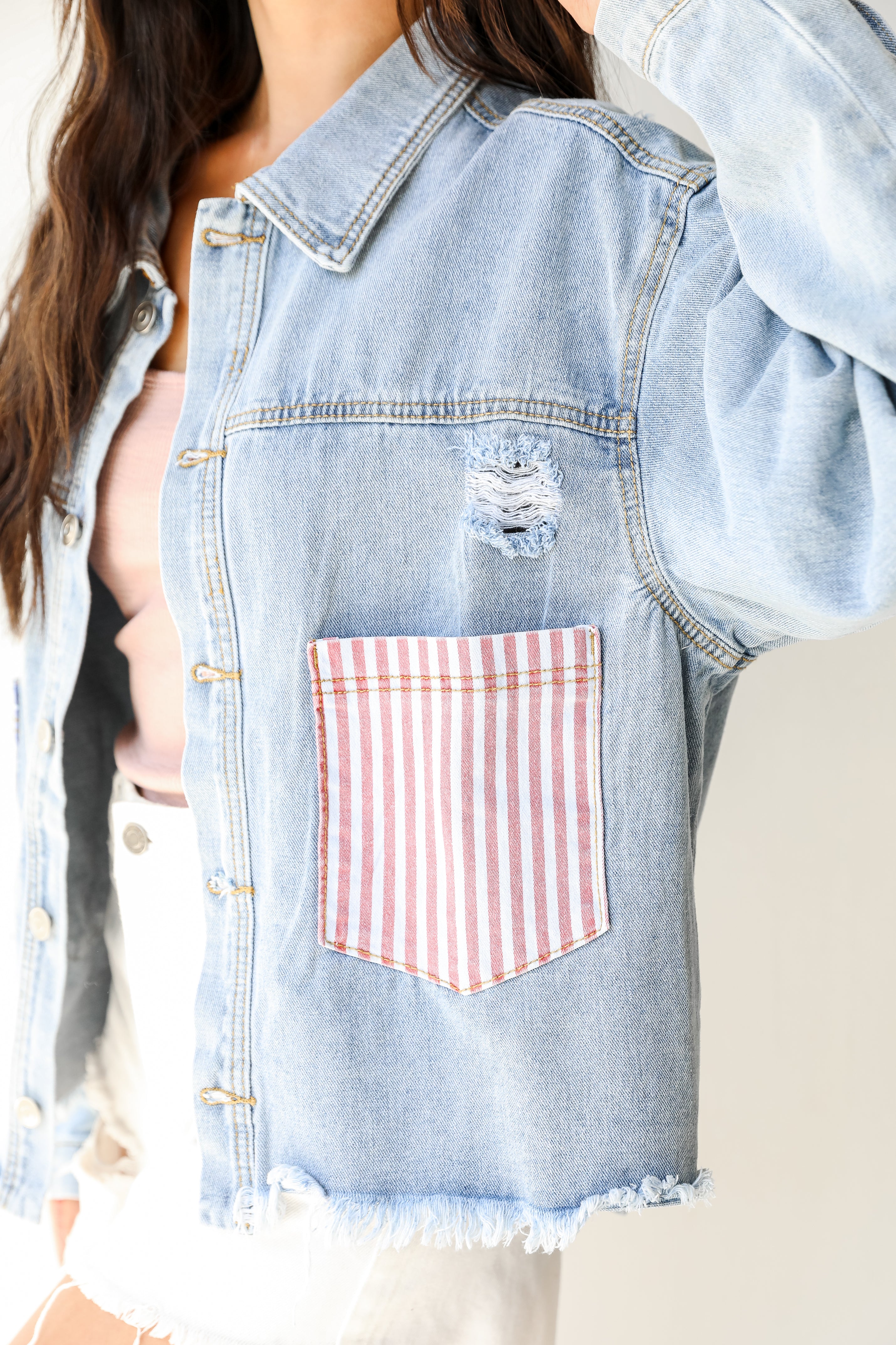 American Flag Vintage Denim Jacket close up