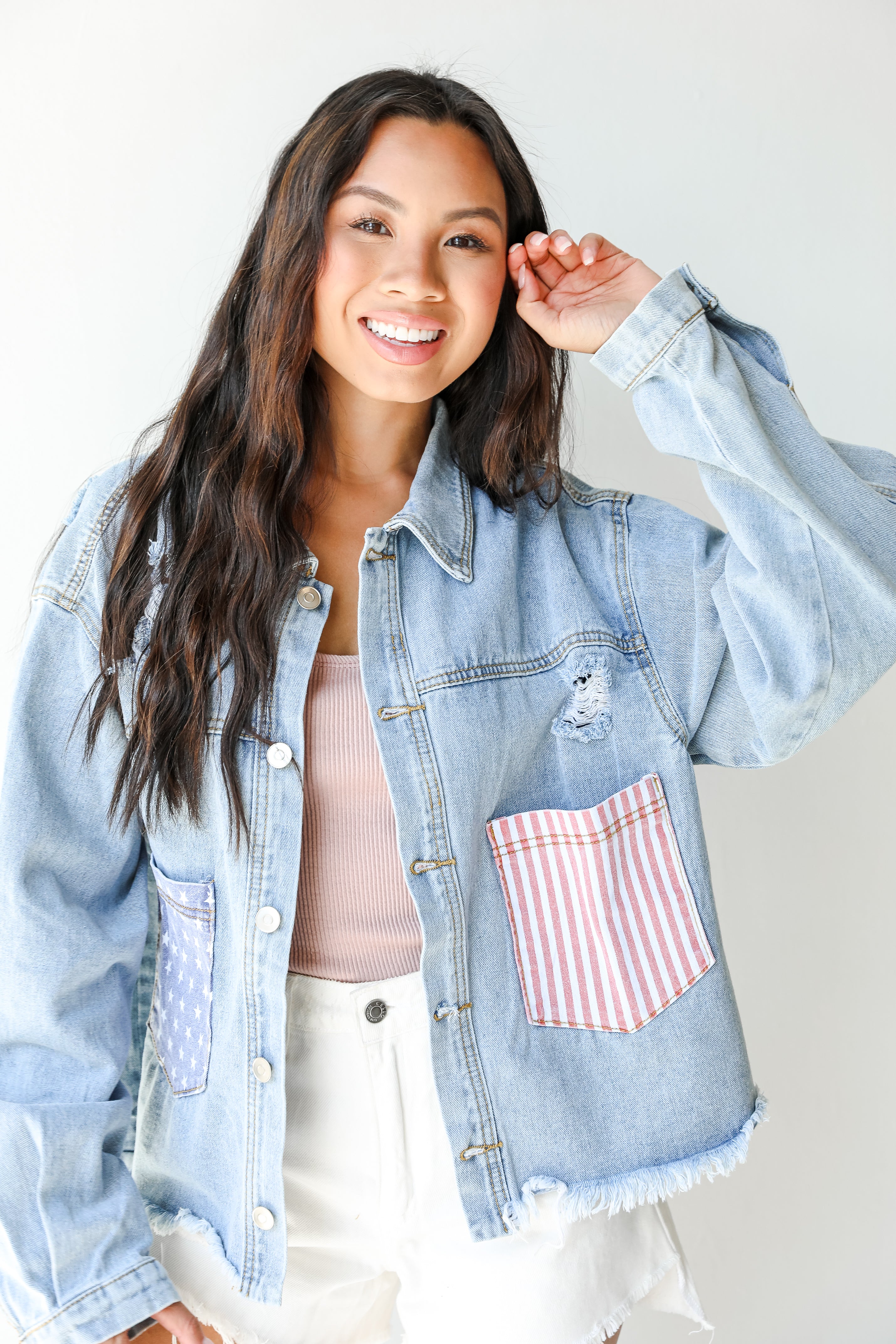 American Flag Vintage Denim Jacket on dress up model