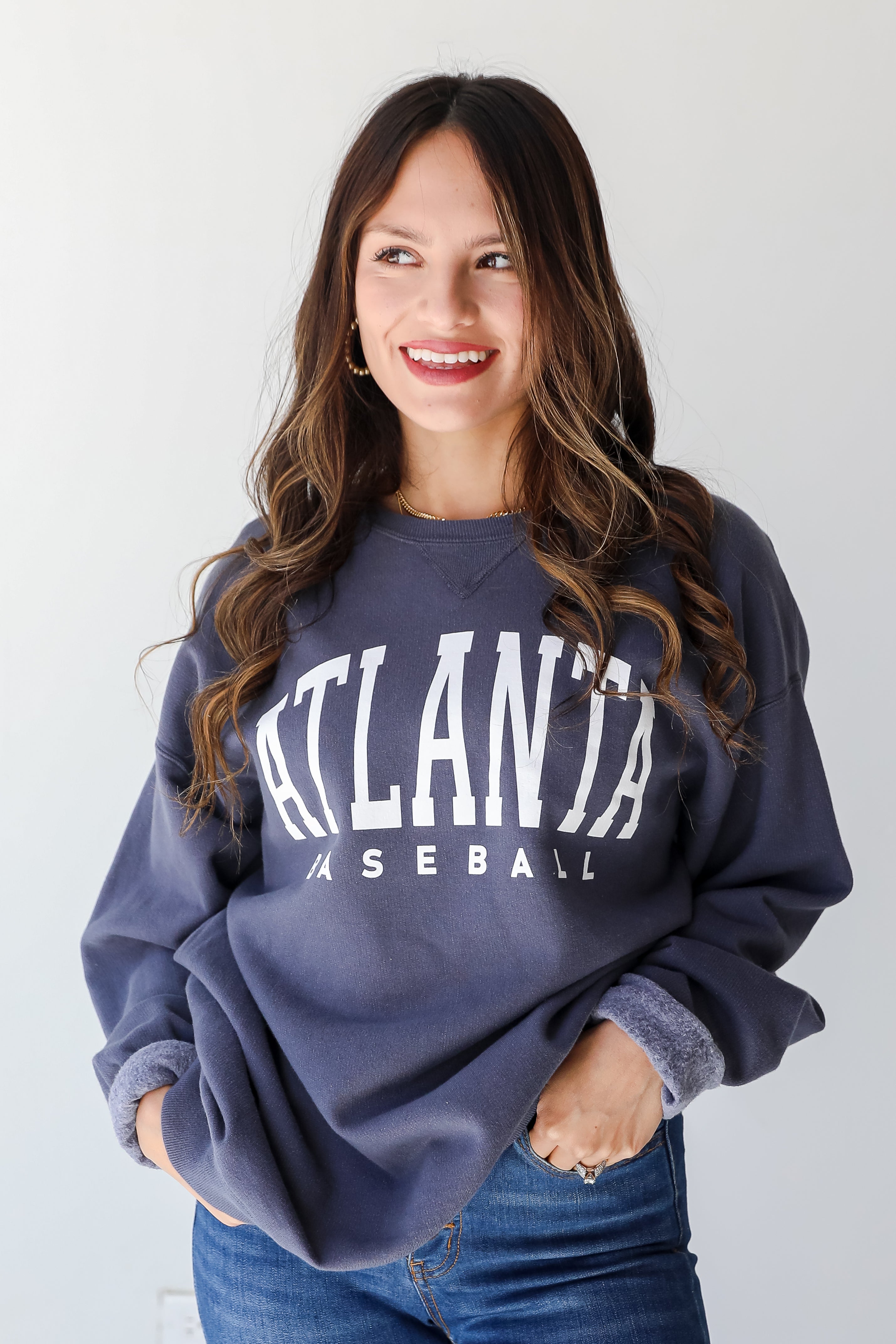 Navy Atlanta Baseball Pullover. Graphic Sweatshirt. Braves Sweatshirt. Baseball Sweatshirt.
