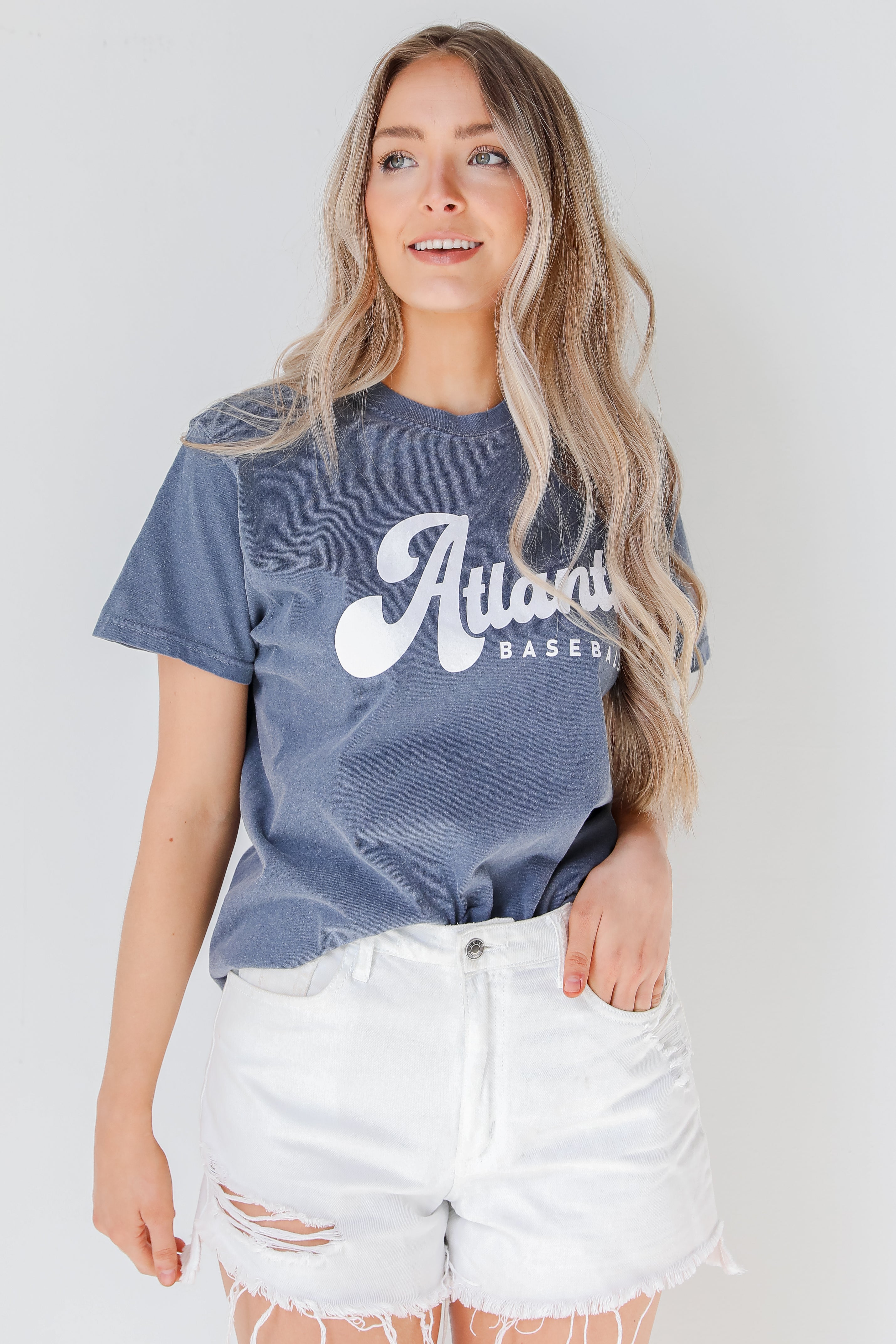 Navy Atlanta Baseball Oversized Tee on model