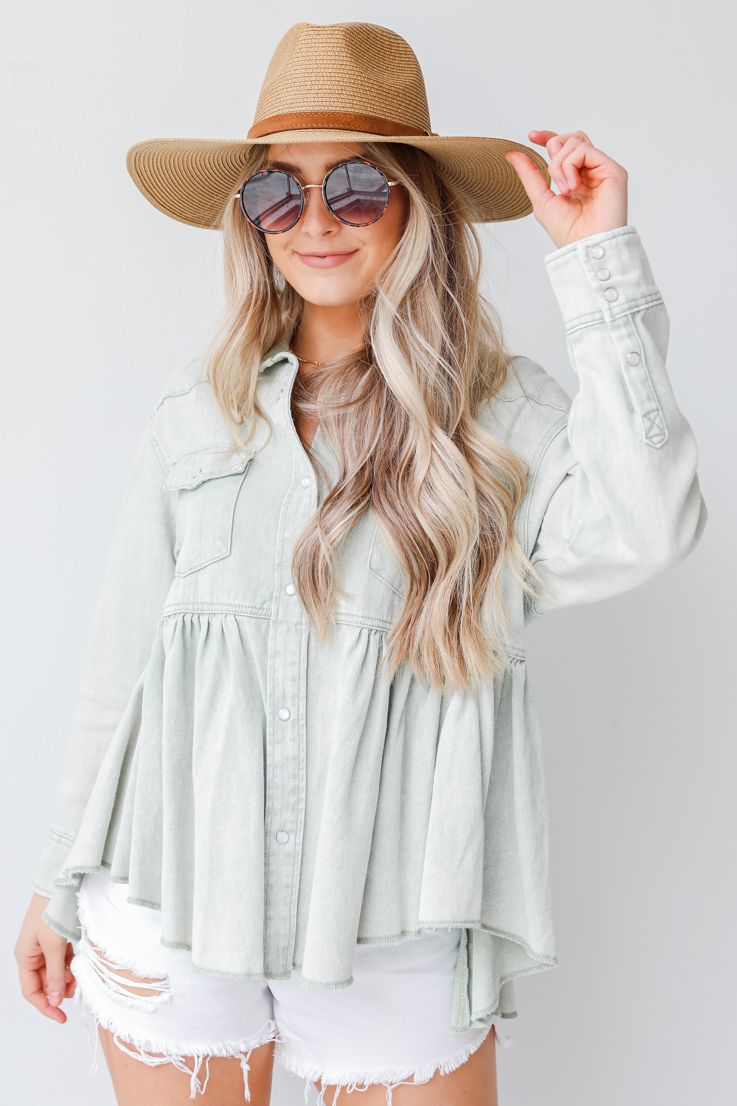 Peplum Denim Jacket in sage