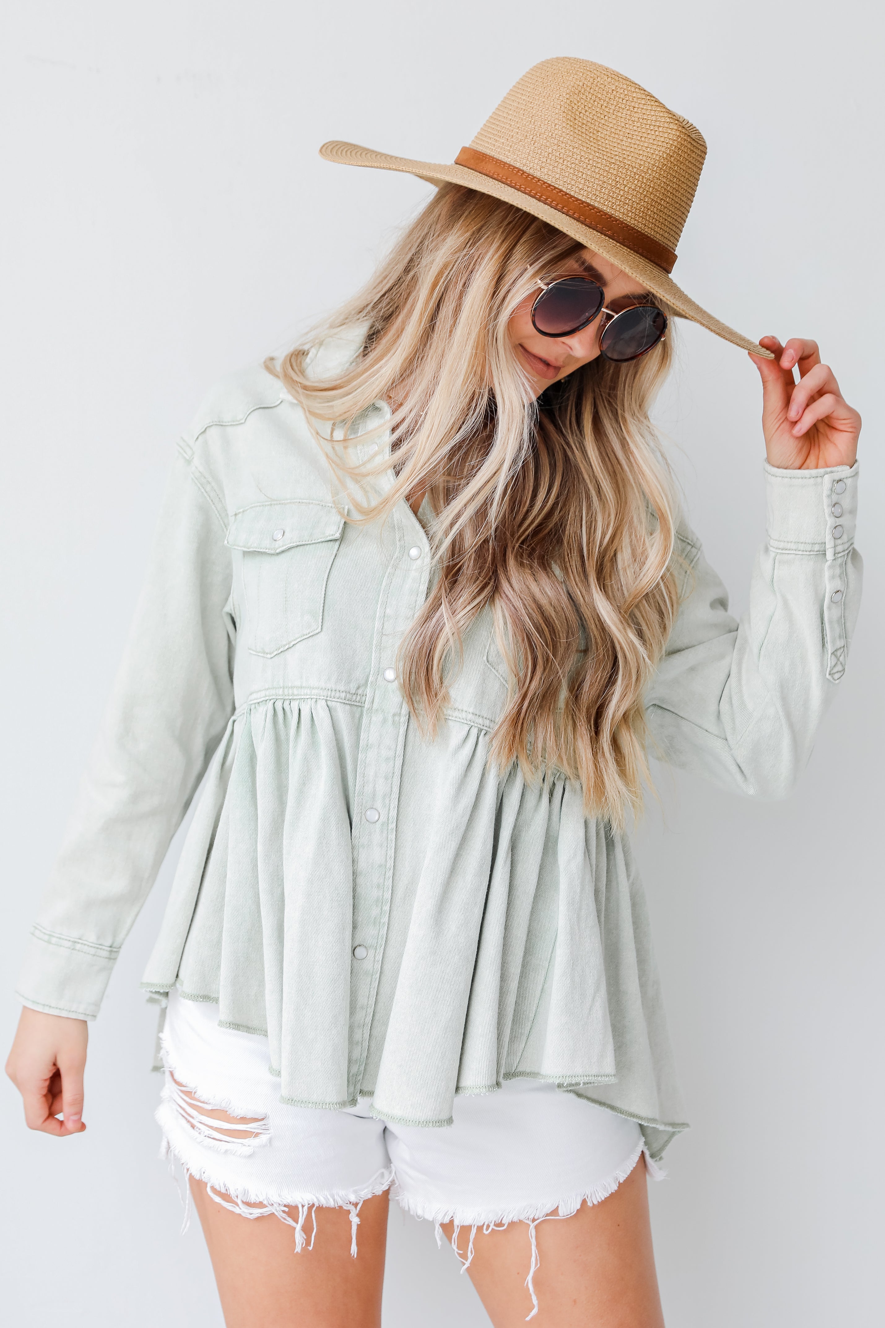 Peplum Denim Jacket in sage front view