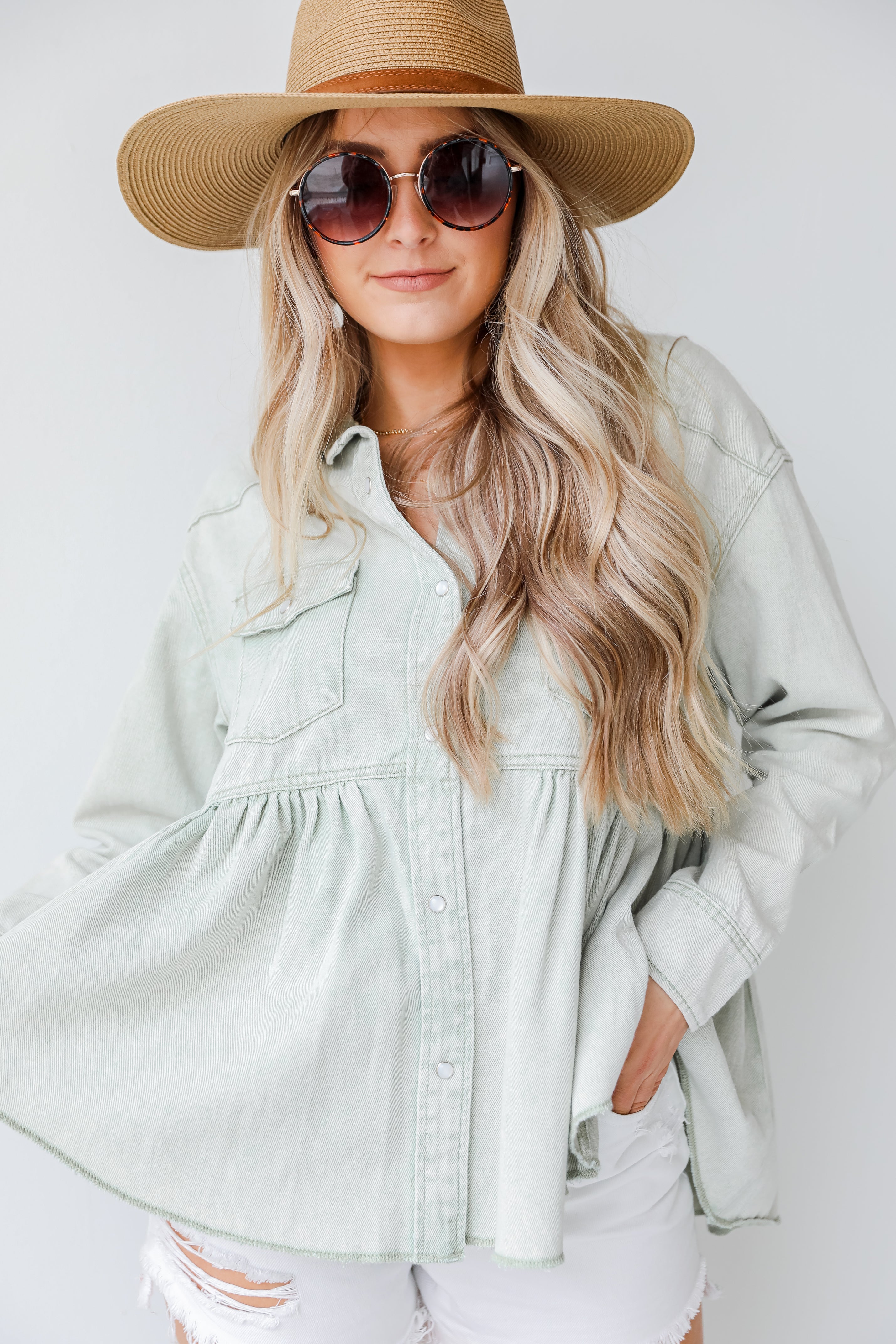 Peplum Denim Jacket in sage on model