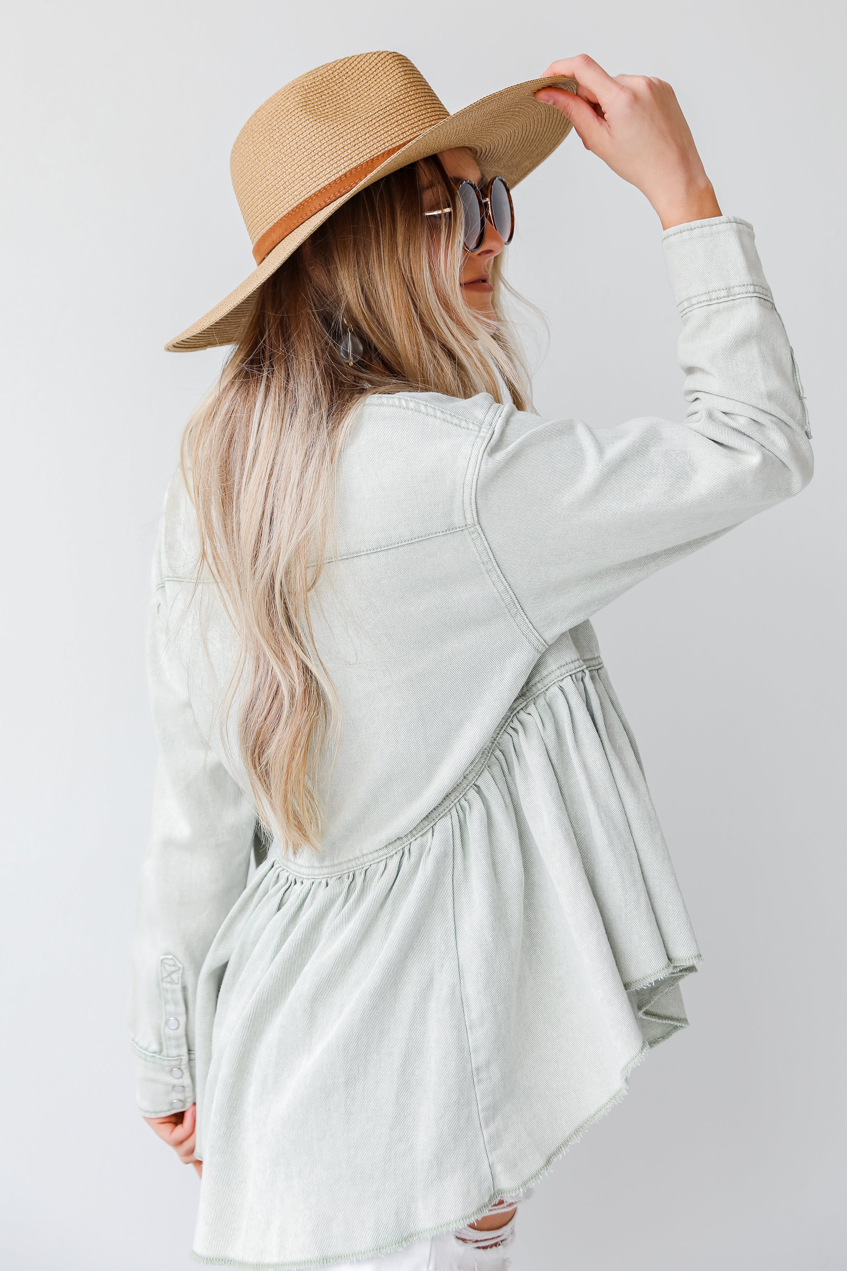 Peplum Denim Jacket in sage side view