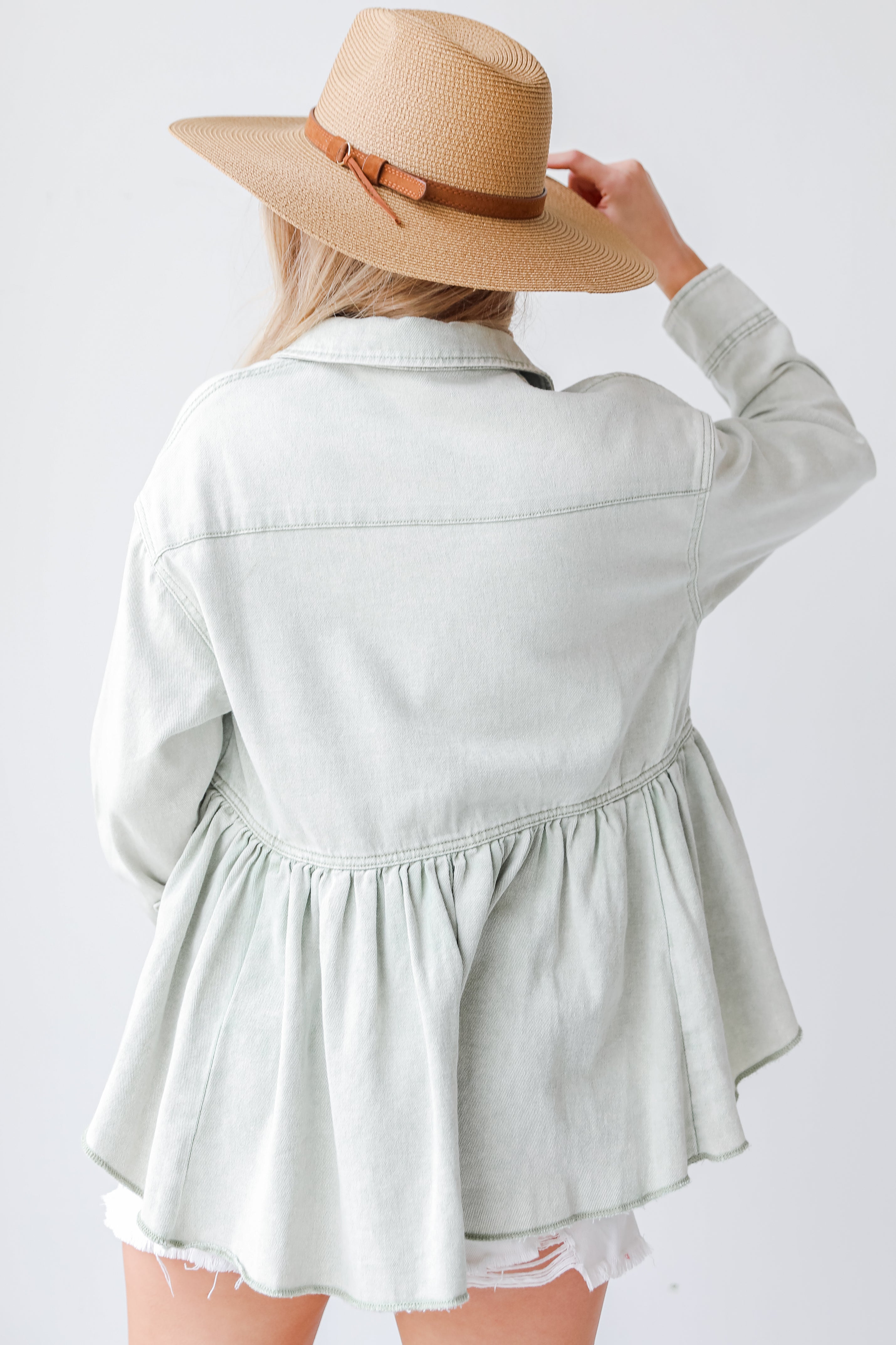 Peplum Denim Jacket in sage back view