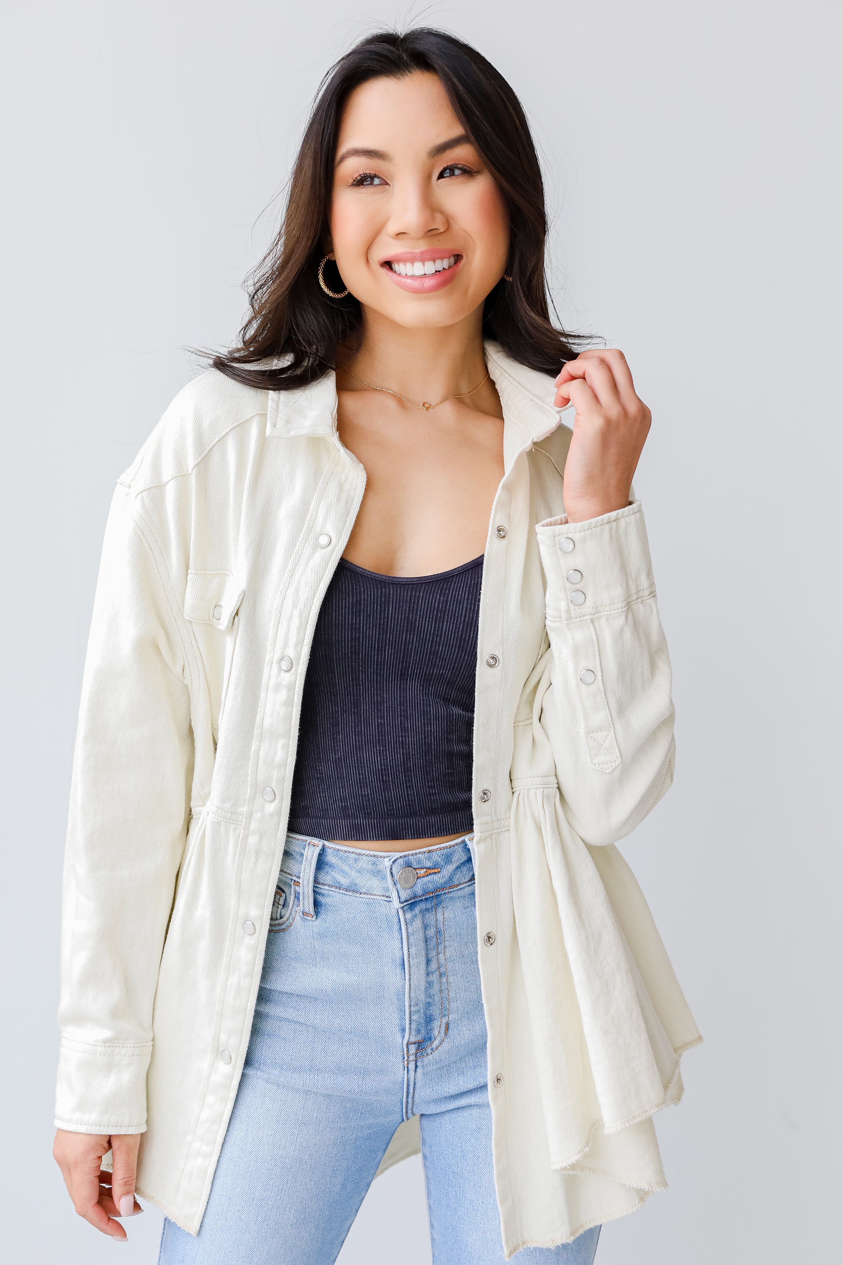 Peplum Denim Jacket in ivory front view
