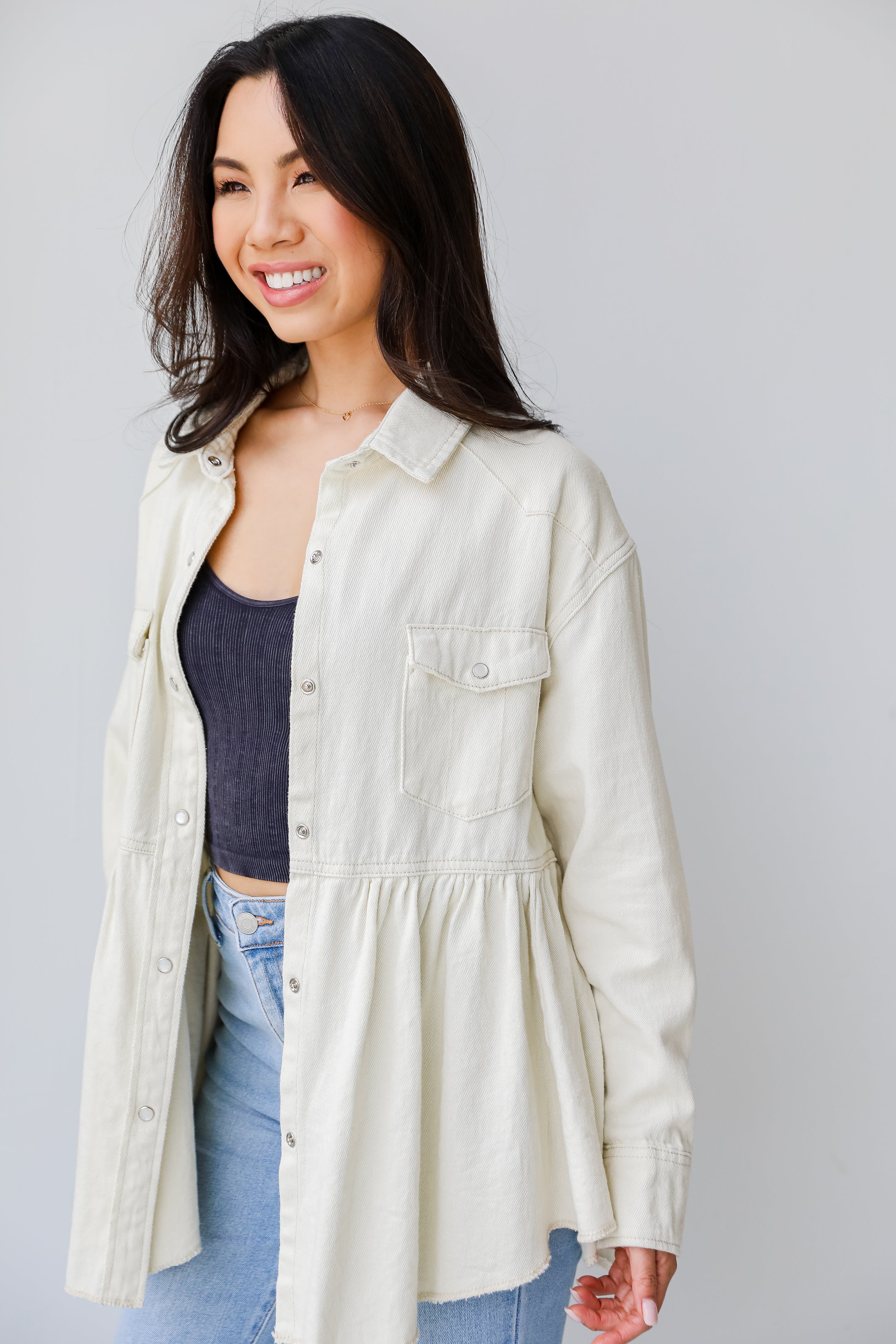 Peplum Denim Jacket in ivory side view