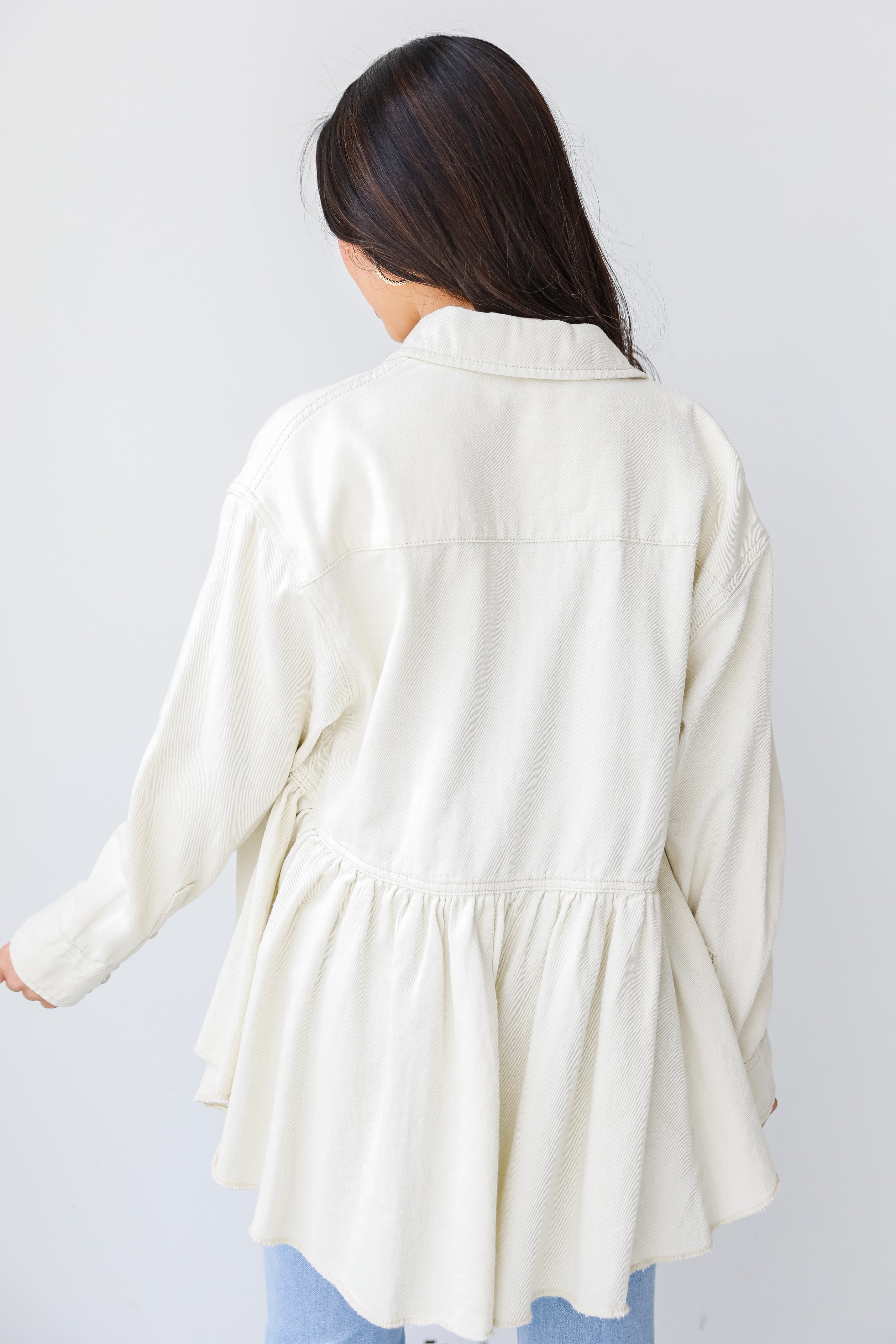 Peplum Denim Jacket in ivory back view