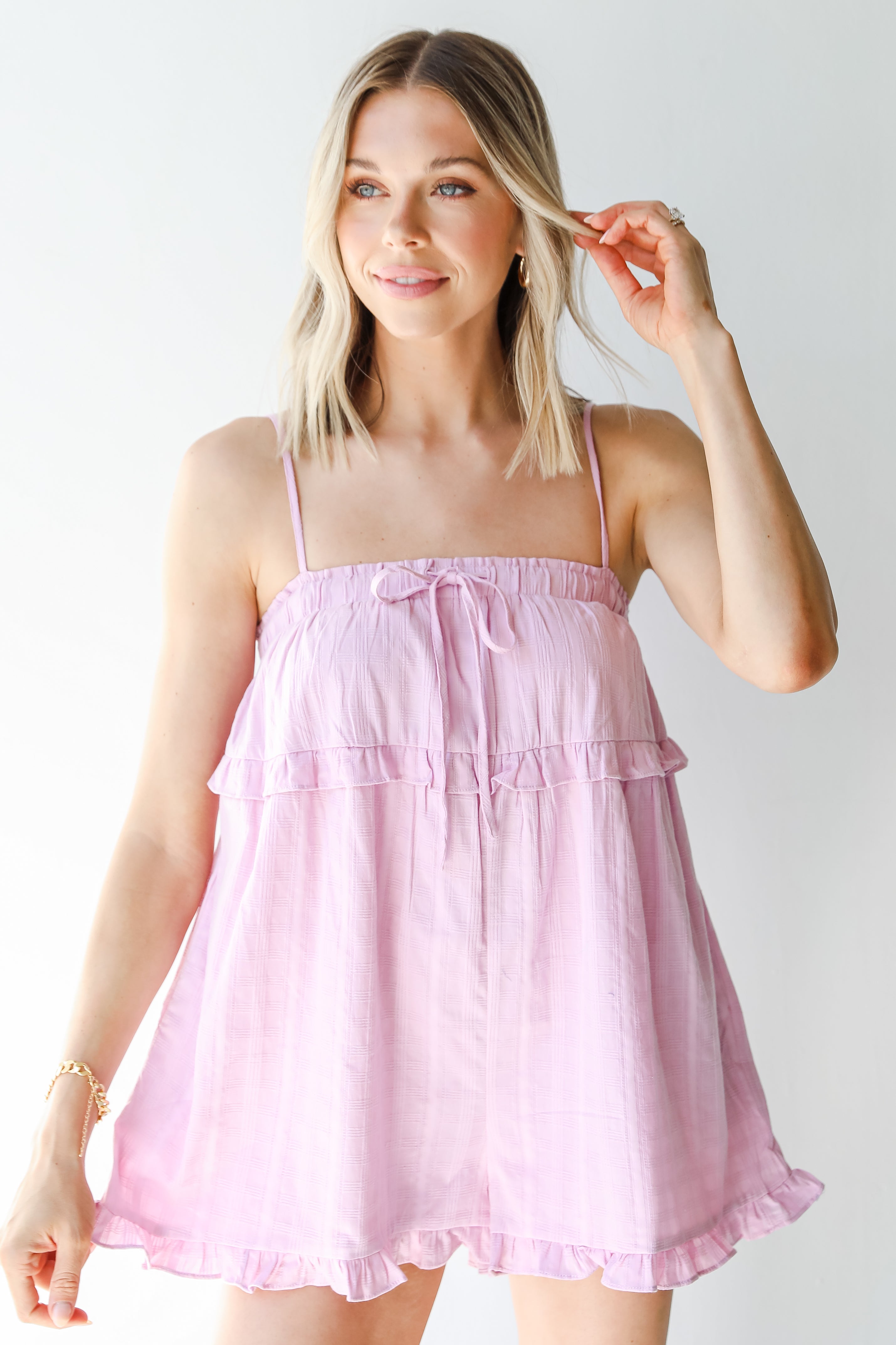 Romper in lavender on model