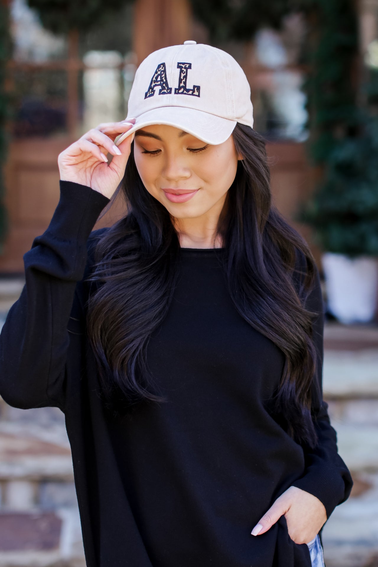 Model Wearing Alabama Leopard Hat
