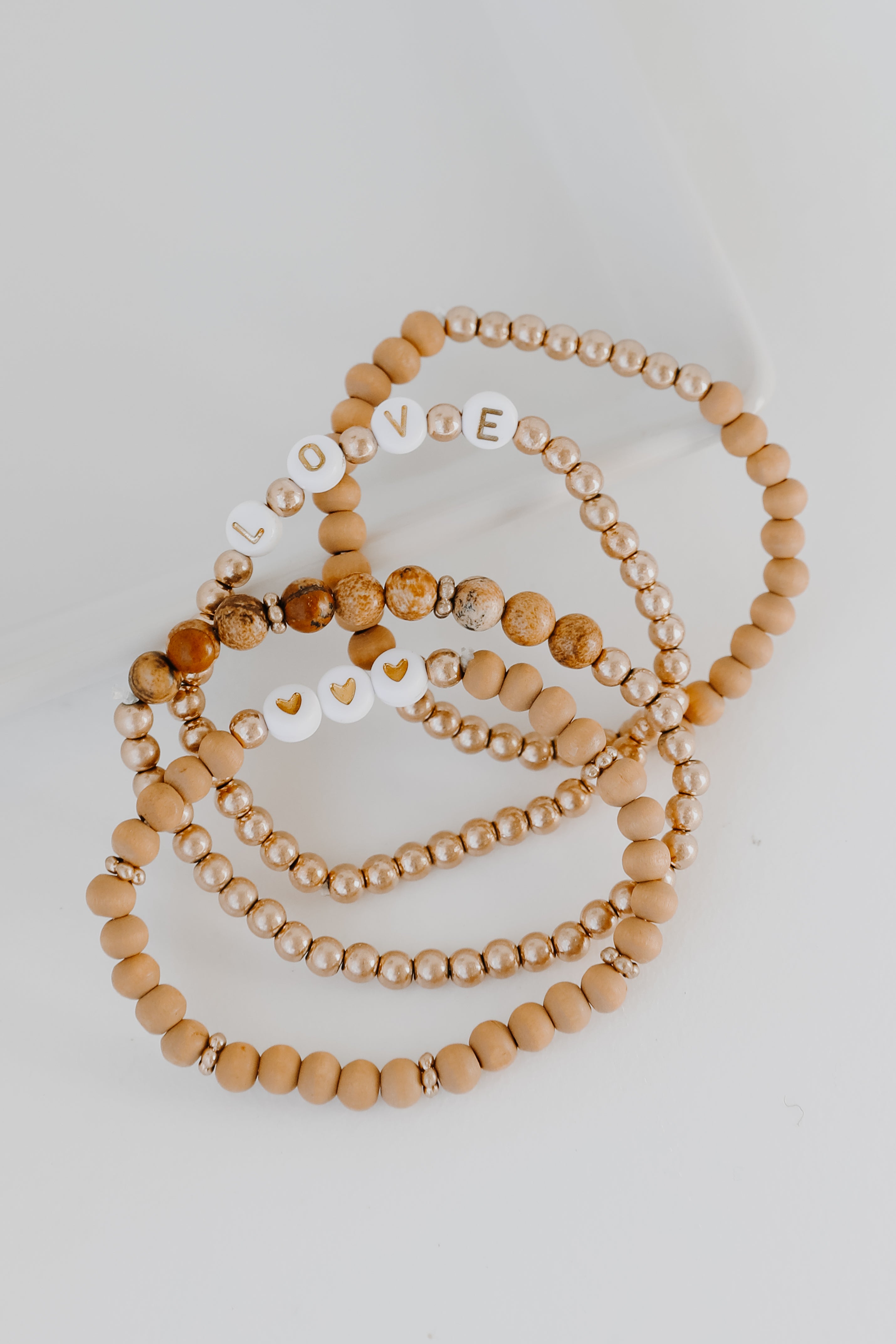 Love Heart Beaded Bracelet Set flat lay