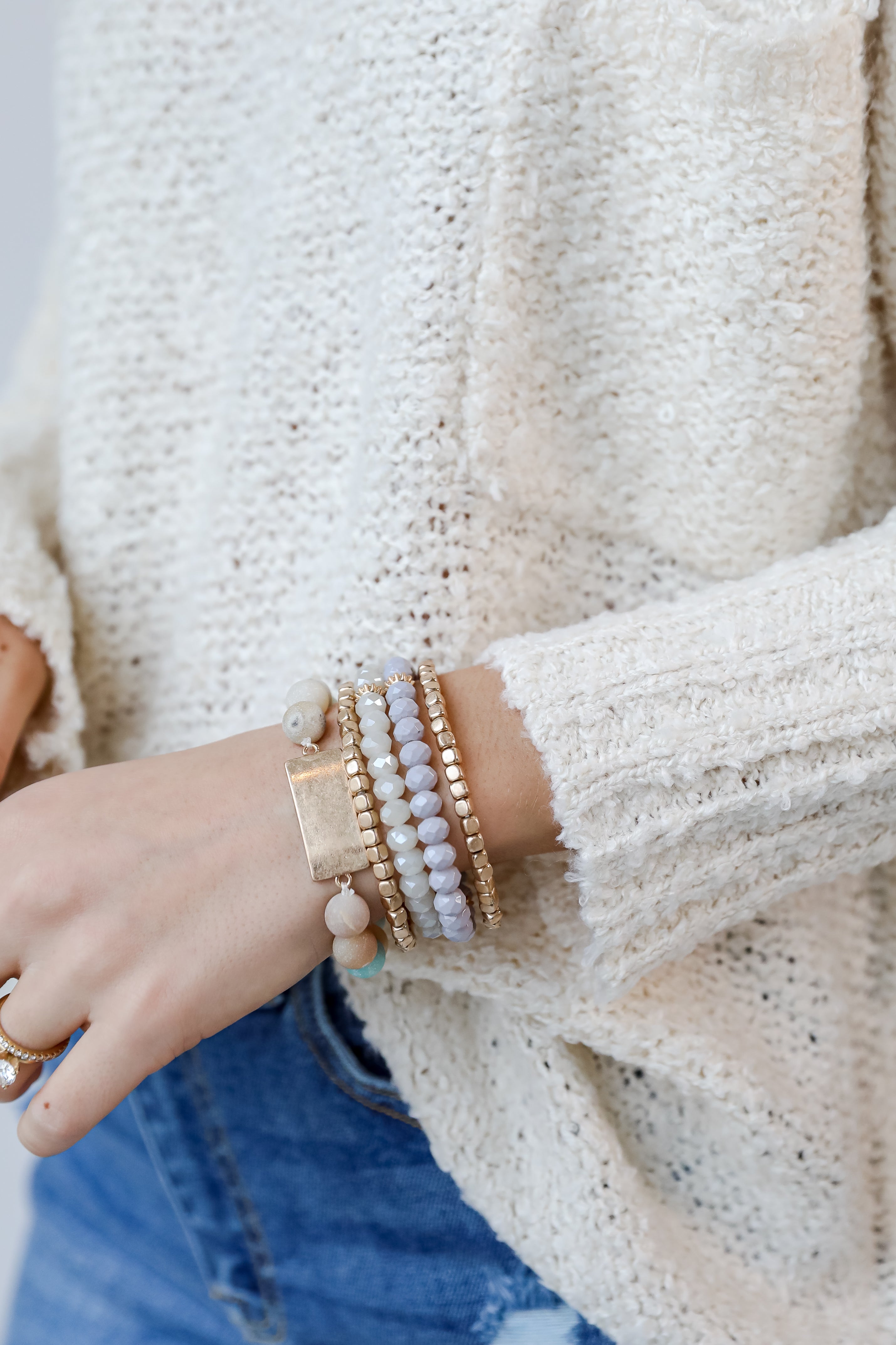 Beaded Bracelet Set in grey on model