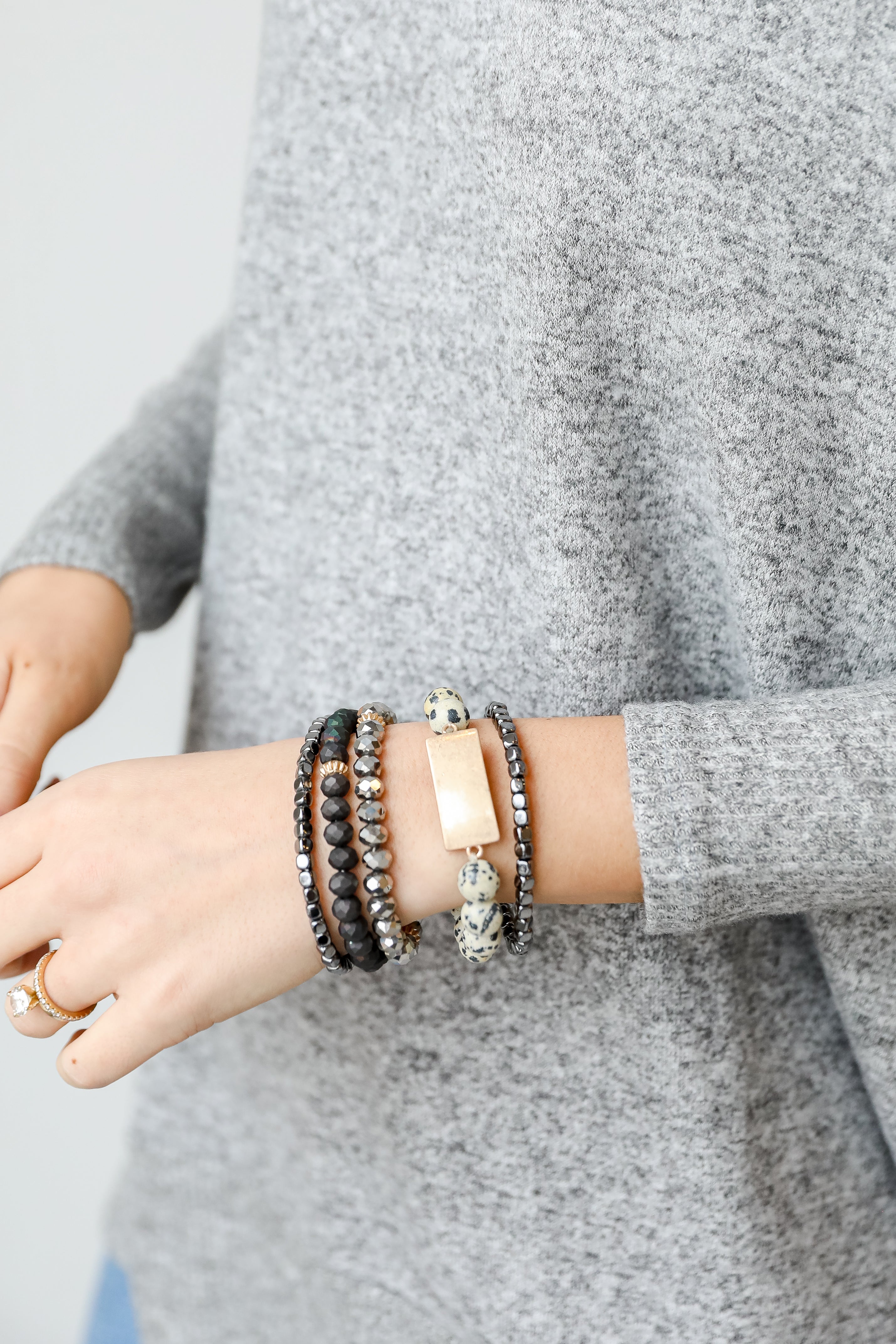 Beaded Bracelet Set in black on model