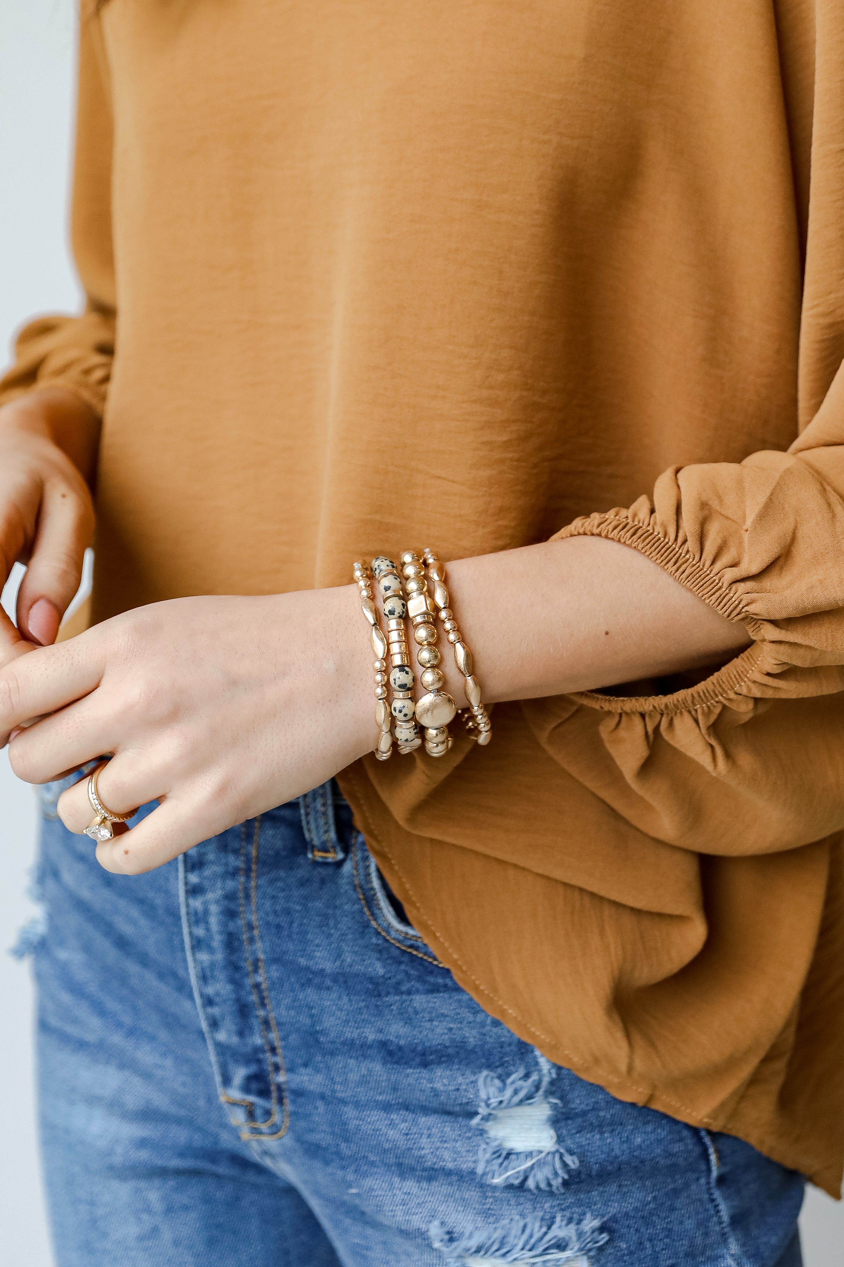 Gold Beaded Bracelet Set on model