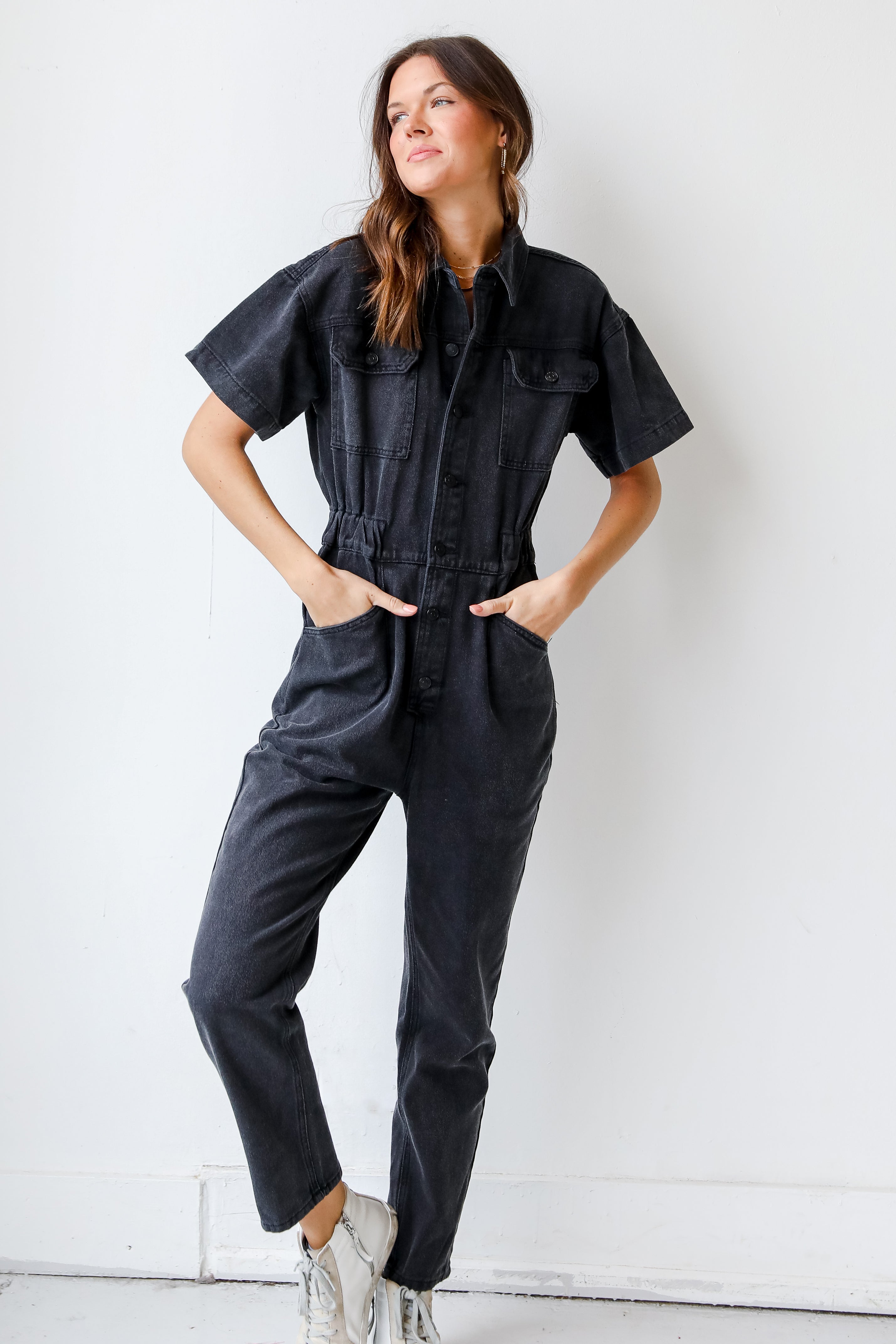 Denim Utility Jumpsuit front view