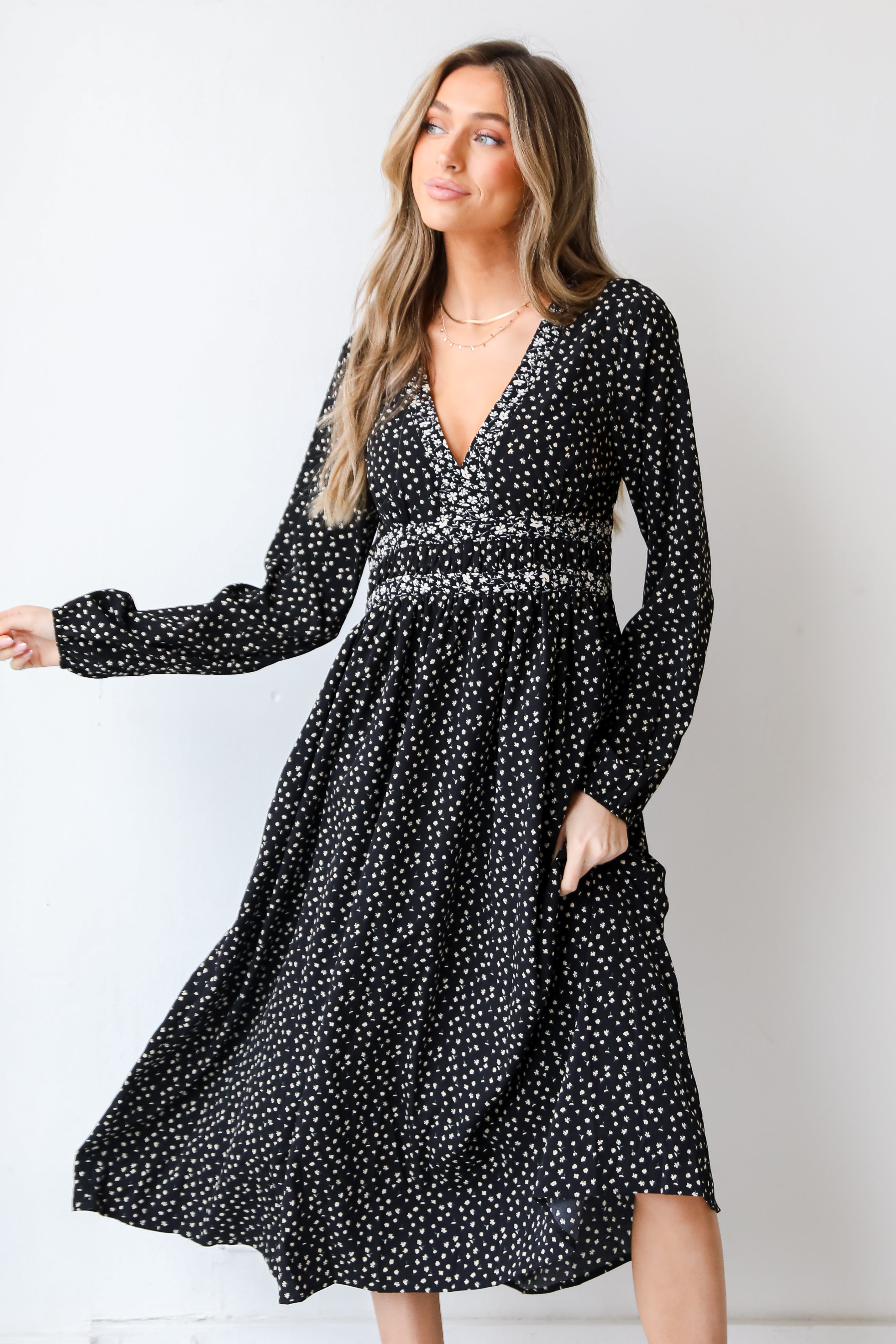 black Floral Midi Dress