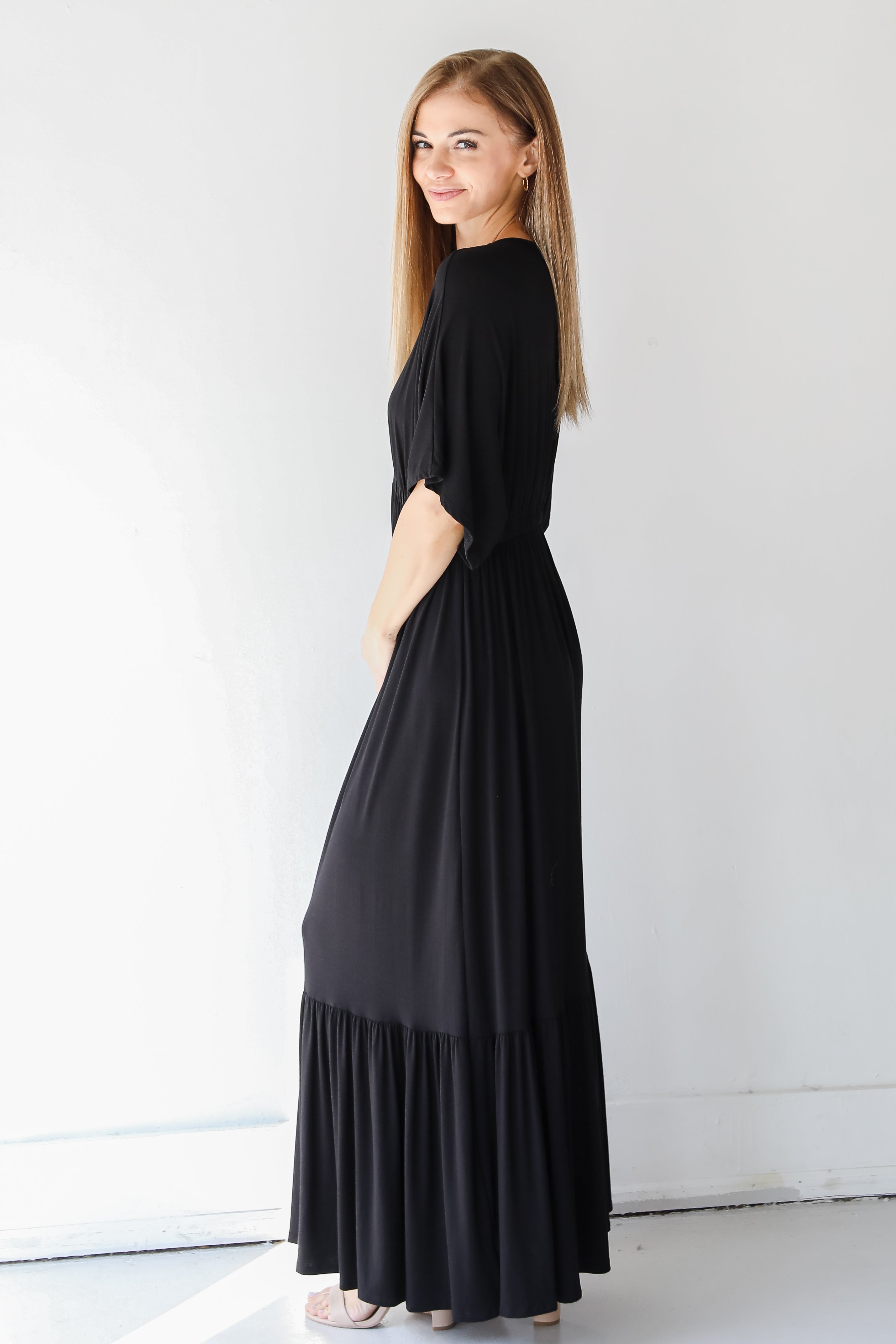 black maxi dress side view