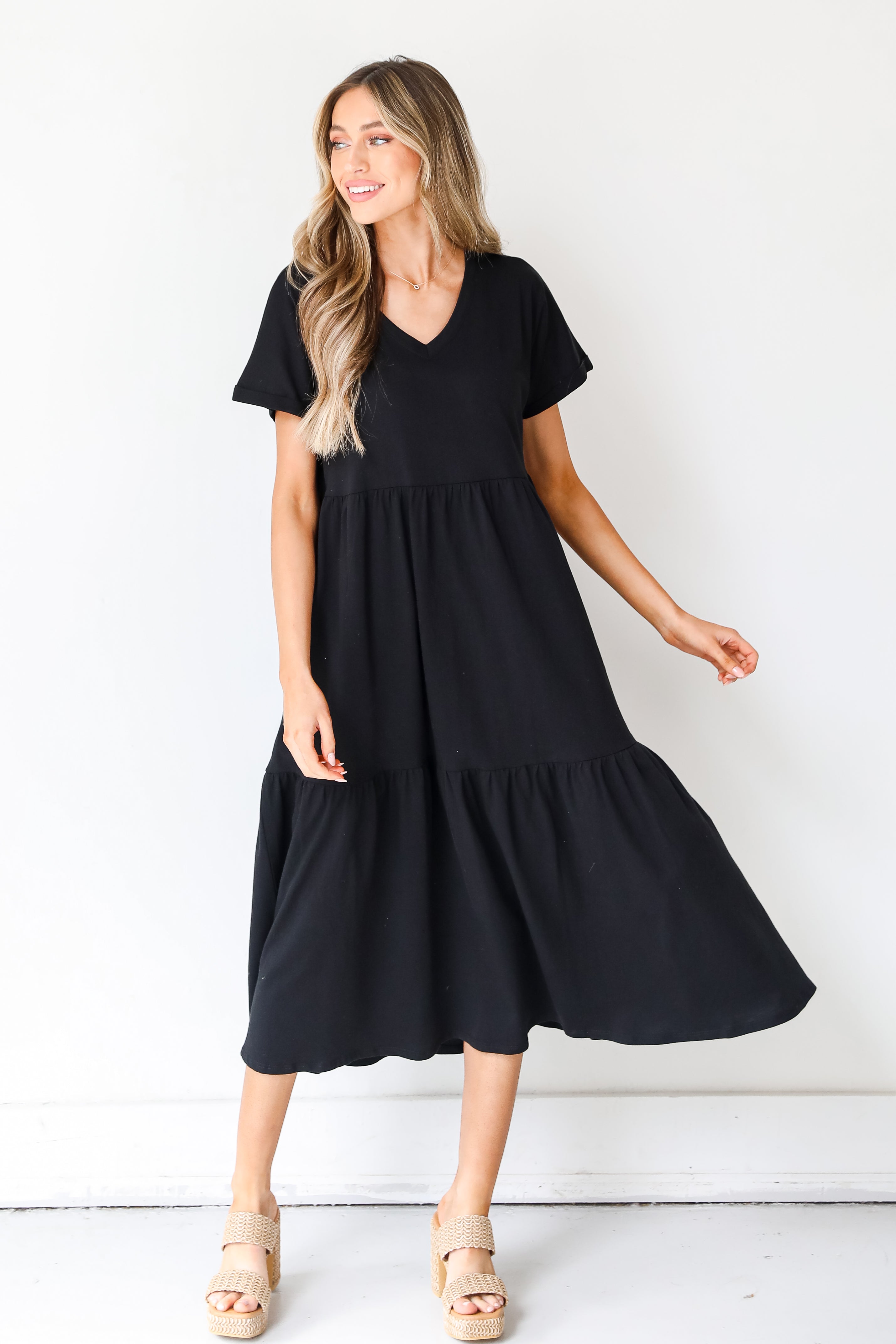 black Tiered Midi Dress front view