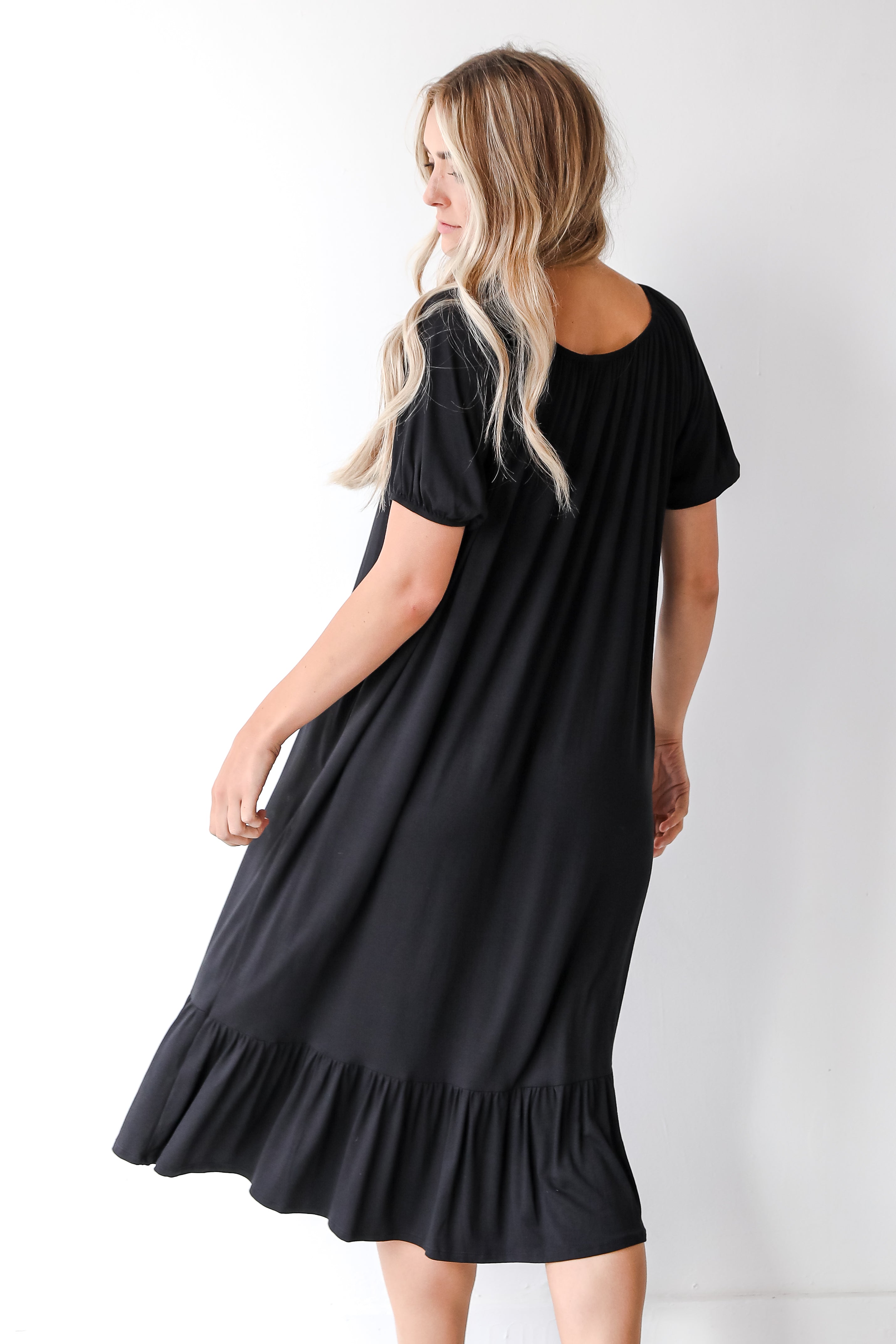 casual black dress back view